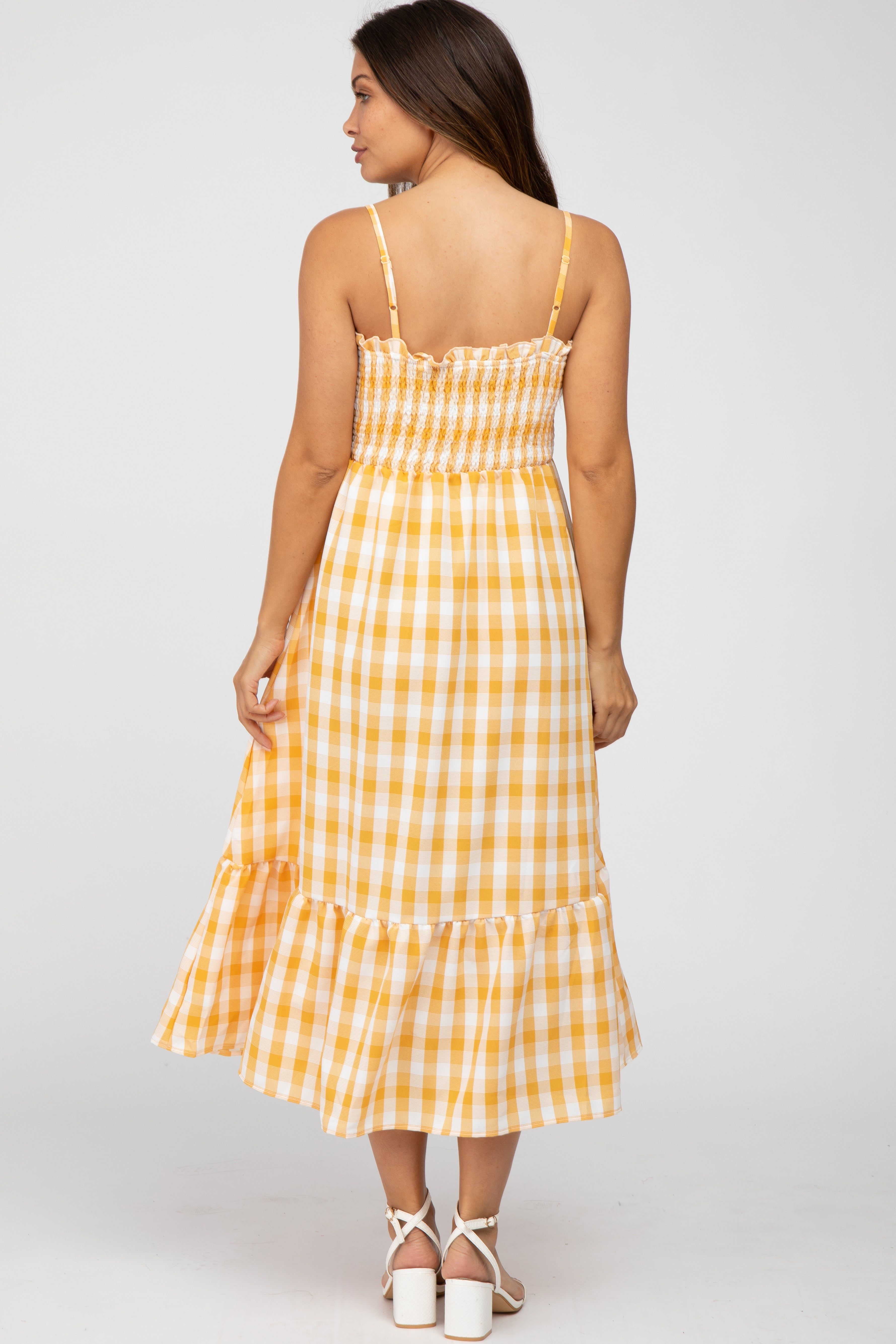 Yellow Plaid Smocked Maternity Midi Dress sold by Pinkblush product image thumbnail 3