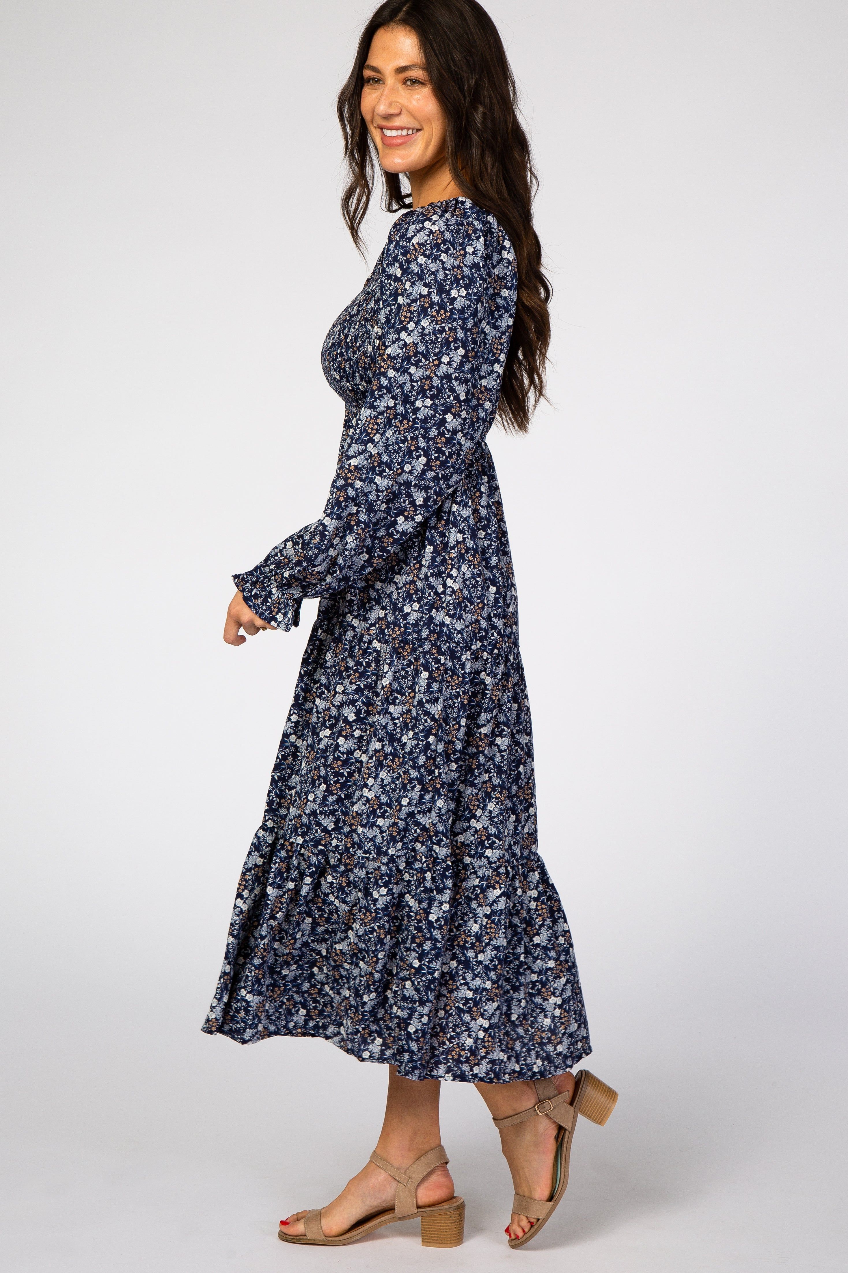 Navy Blue Floral Square Neck Smocked Maxi Dress sold by Pinkblush product image thumbnail 2
