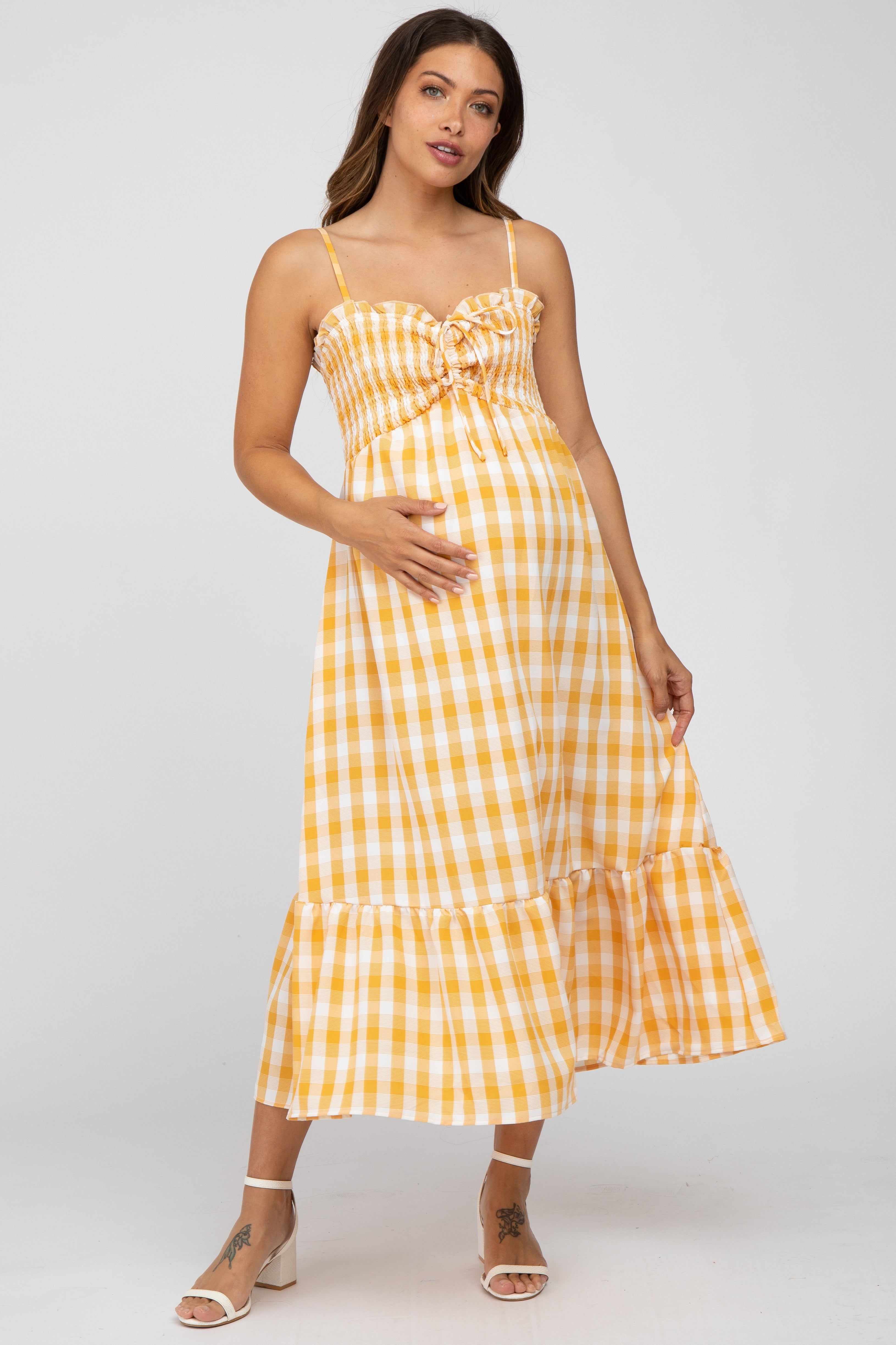 Yellow Plaid Smocked Maternity Midi Dress sold by Pinkblush