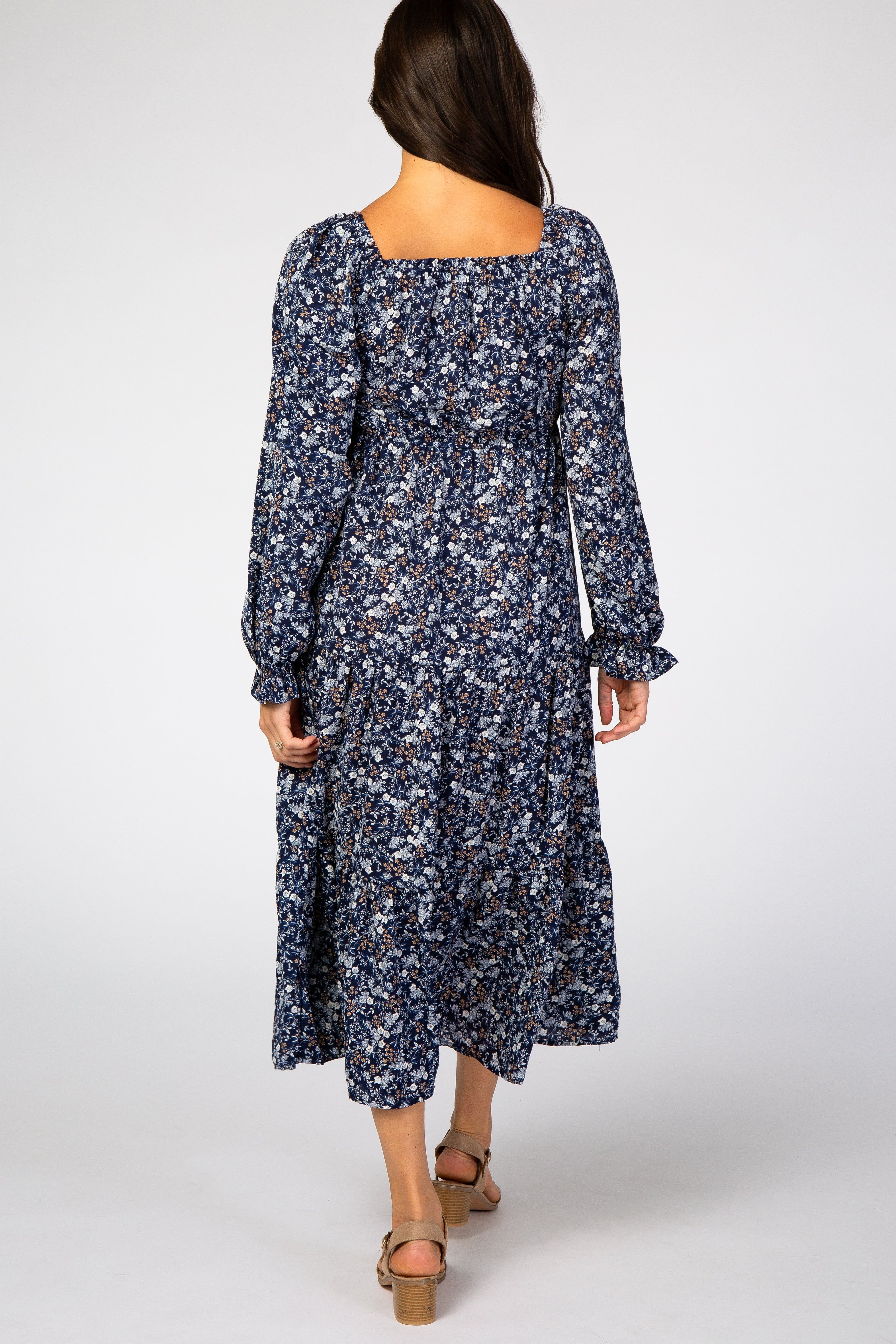 Navy Blue Floral Square Neck Smocked Maxi Dress sold by Pinkblush product image thumbnail 3