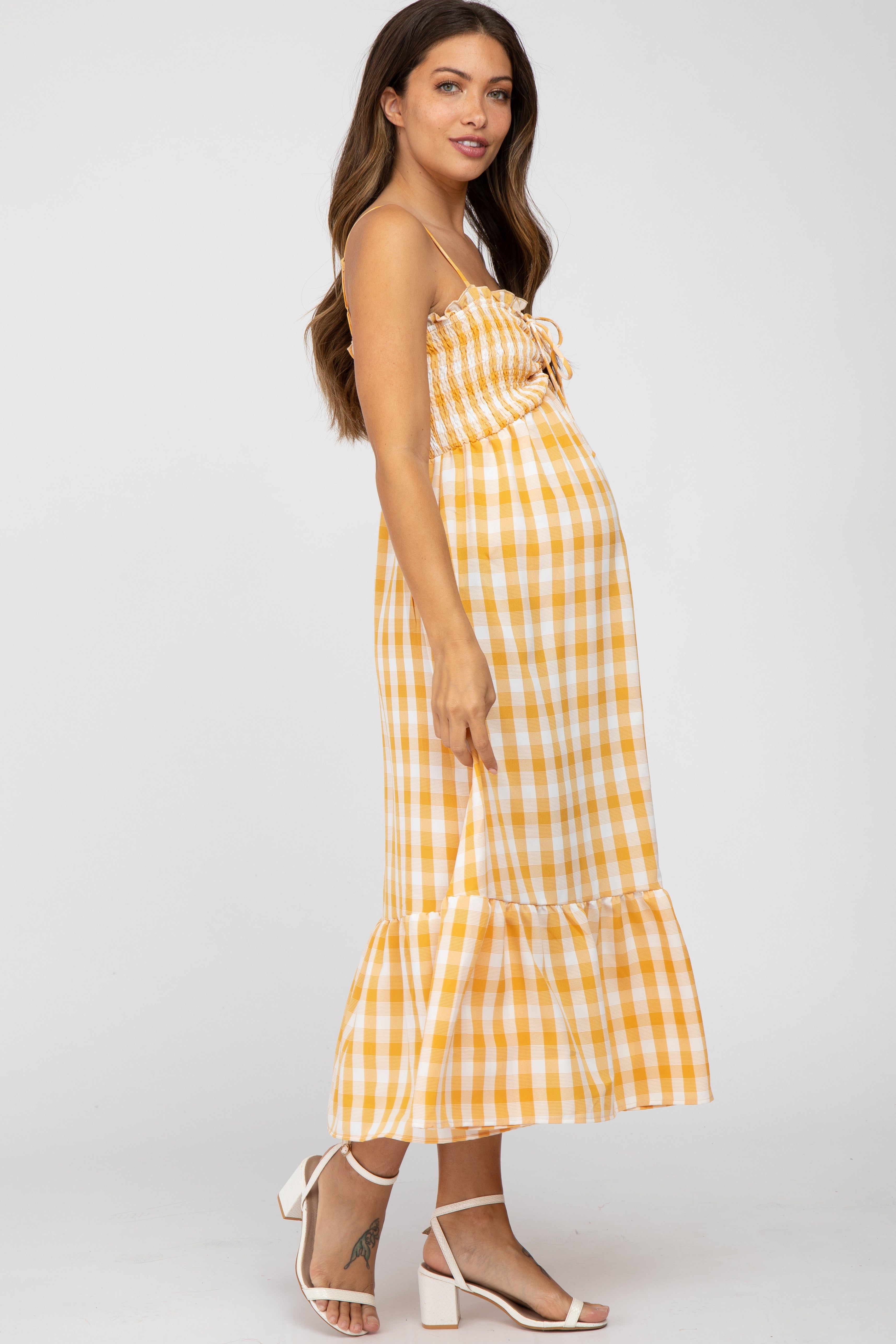 Yellow Plaid Smocked Maternity Midi Dress sold by Pinkblush product image thumbnail 2