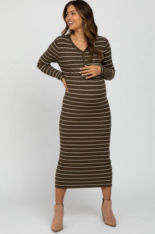 Olive Ribbed Striped Maternity Midi Dress sold by Pinkblush