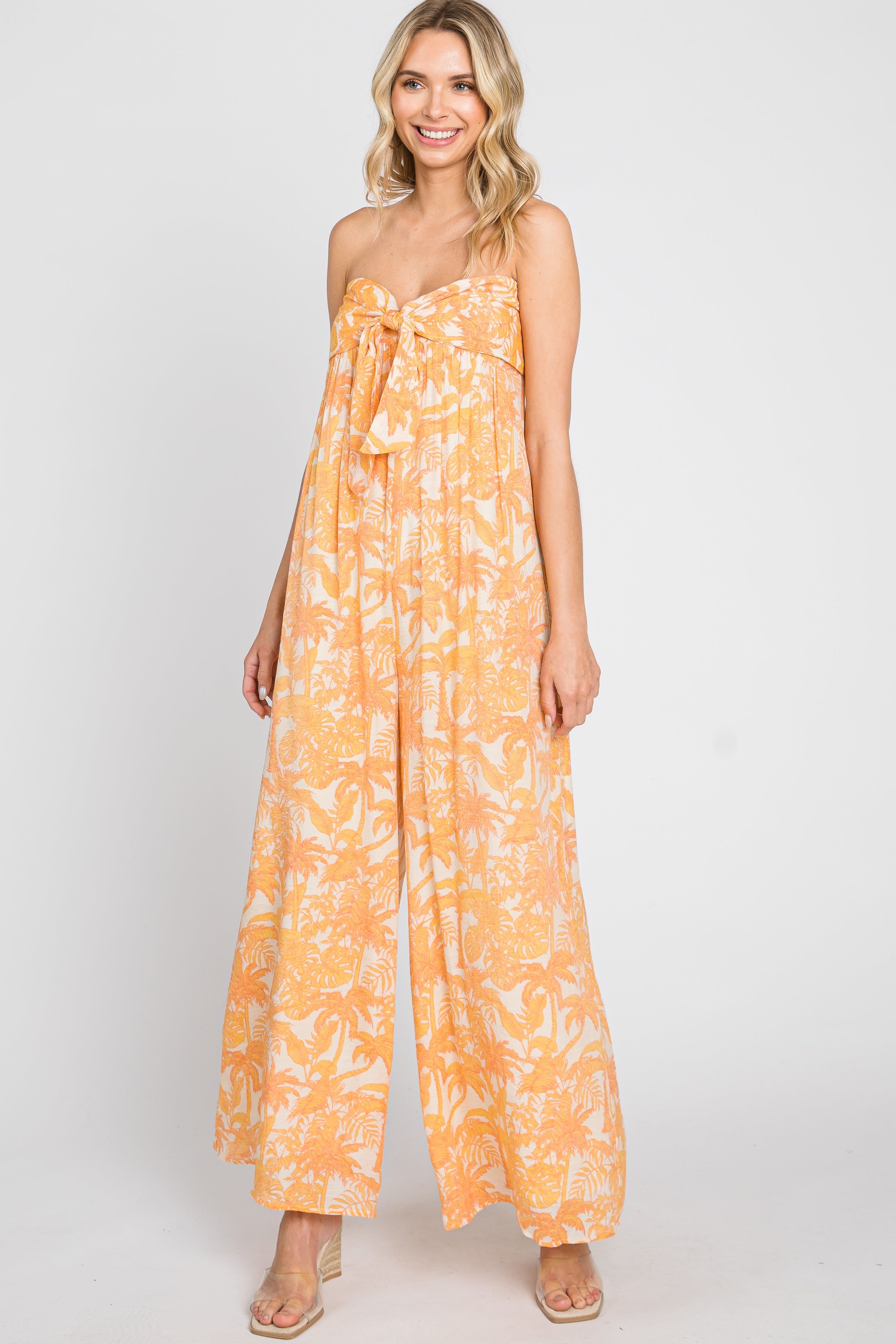 Orange Leaf Print Strapless Front Tie Jumpsuit sold by Pinkblush