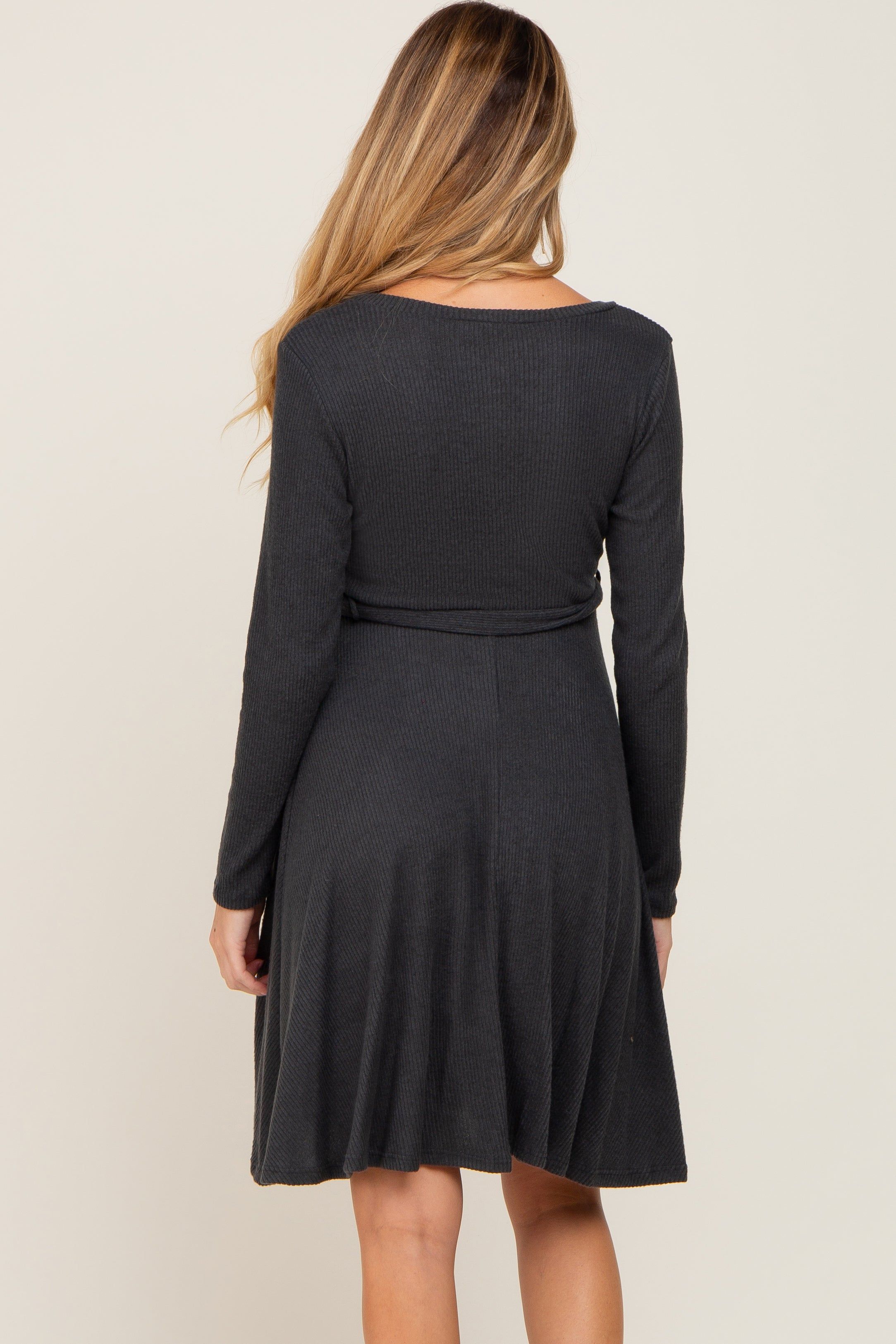Charcoal Soft Rib Knit Sash Tie Maternity Dress sold by Pinkblush product image thumbnail 3