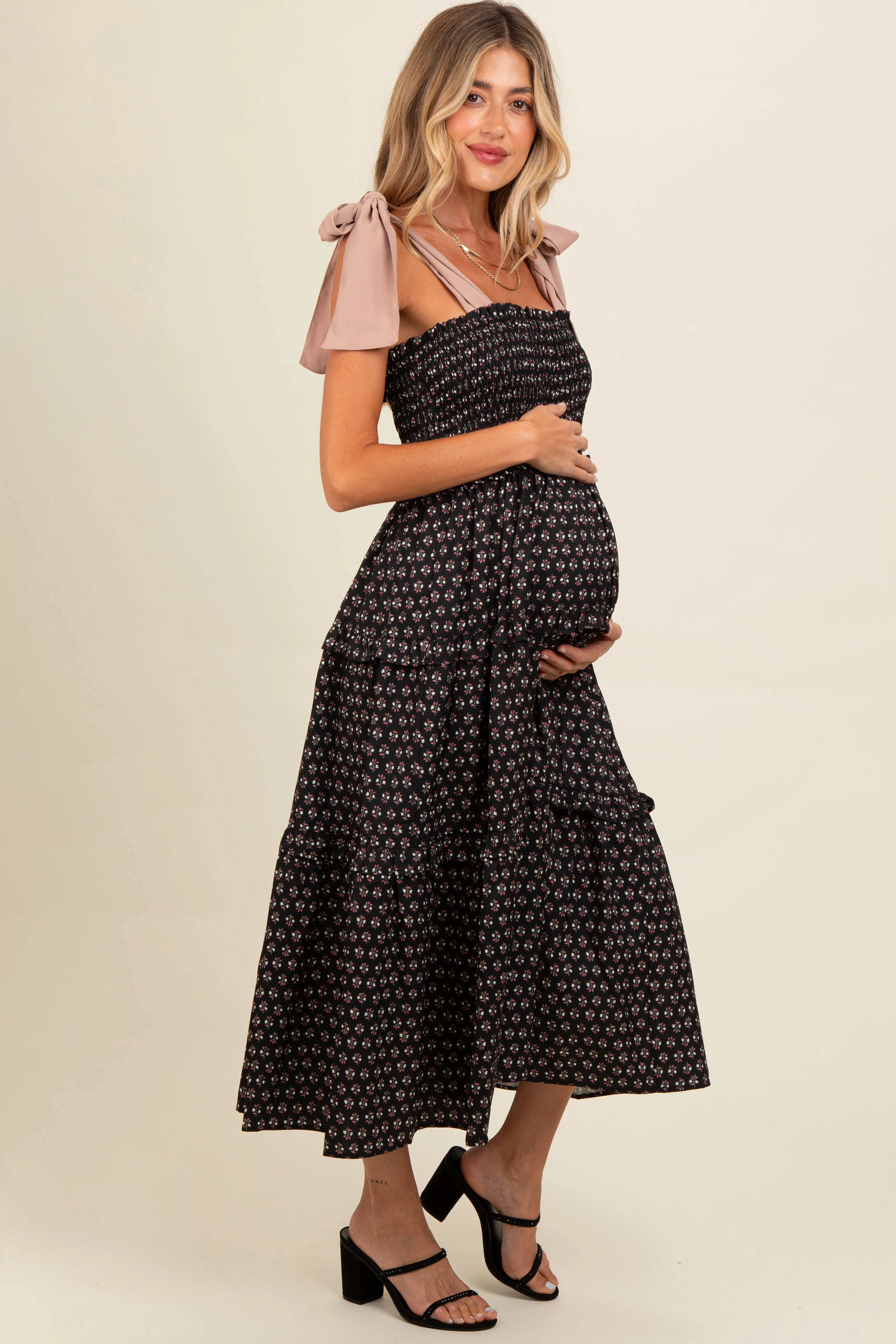 Black Floral Print Contrast Shoulder Tie Tiered Maternity Midi Dress sold by Pinkblush product image thumbnail 3