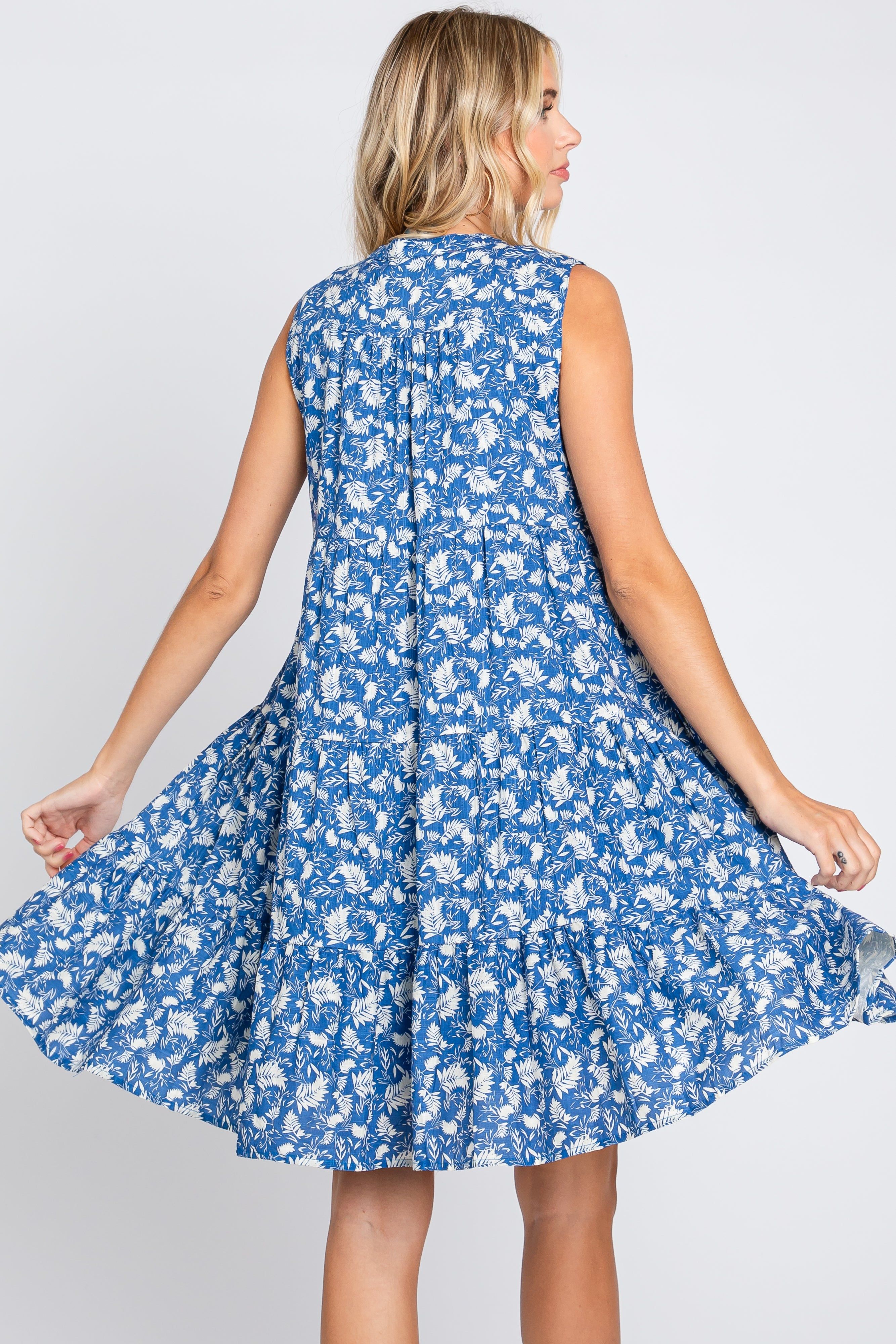 Blue Leaf Print Front Tassel Tie Tiered Dress sold by Pinkblush product image thumbnail 3