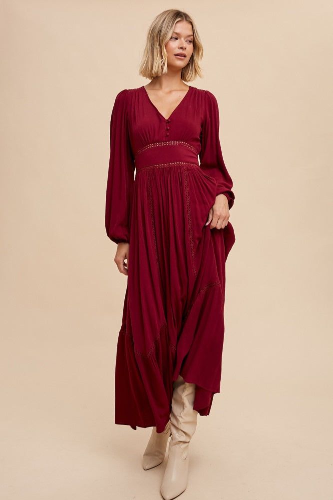 Burgundy Lace Inset Maxi Dress sold by Pinkblush