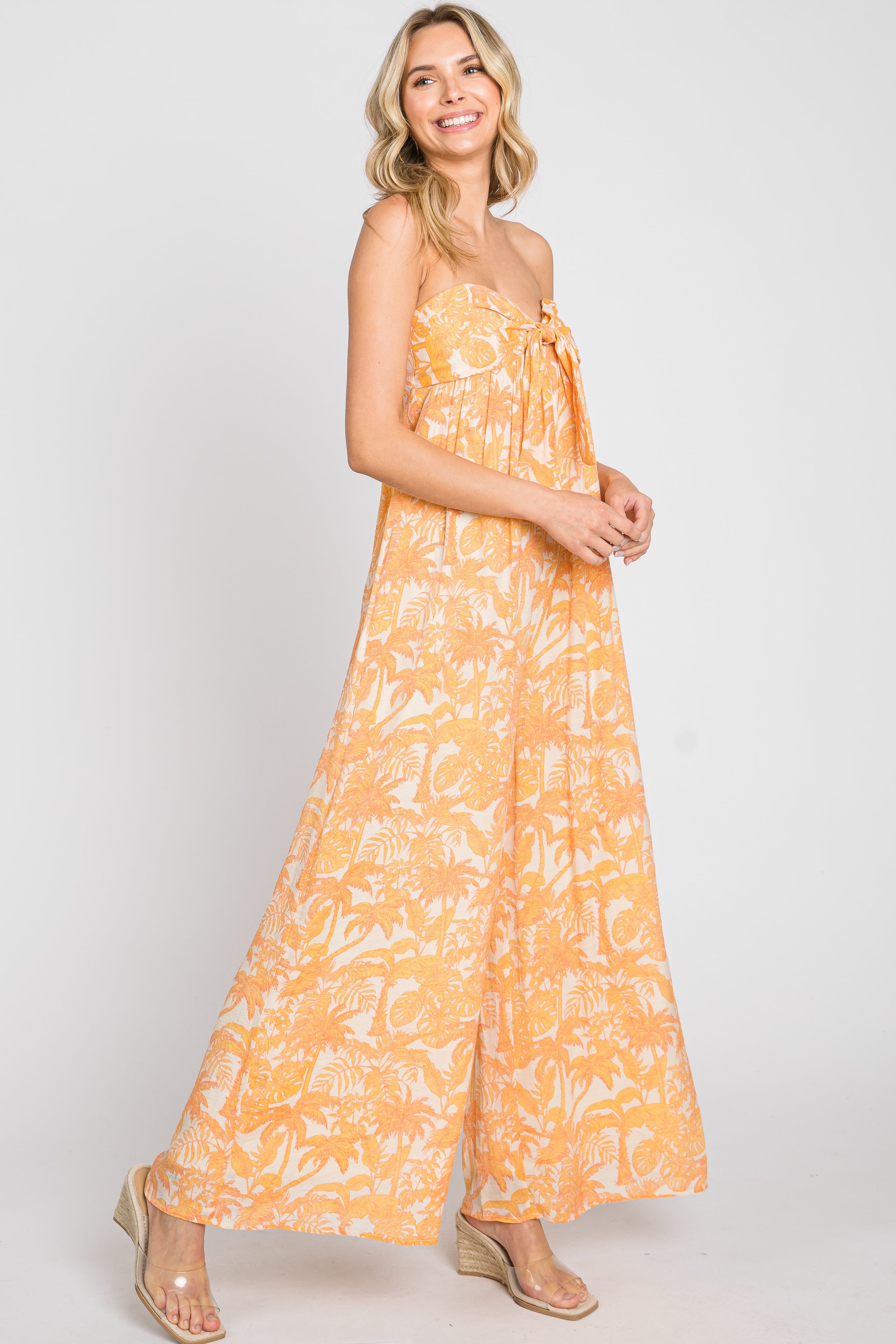 Orange Leaf Print Strapless Front Tie Jumpsuit sold by Pinkblush product image thumbnail 5