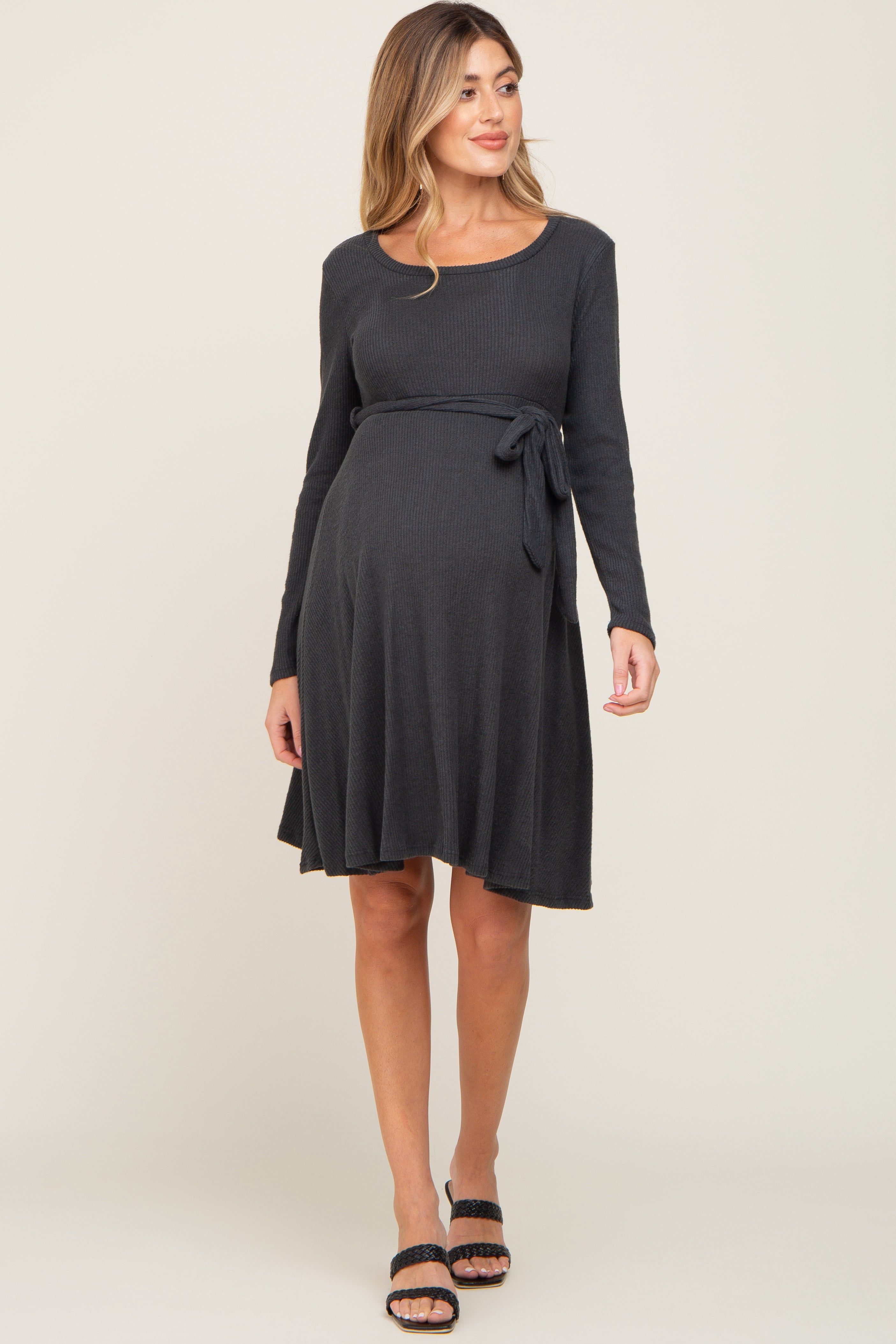 Charcoal Soft Rib Knit Sash Tie Maternity Dress sold by Pinkblush product image thumbnail 4