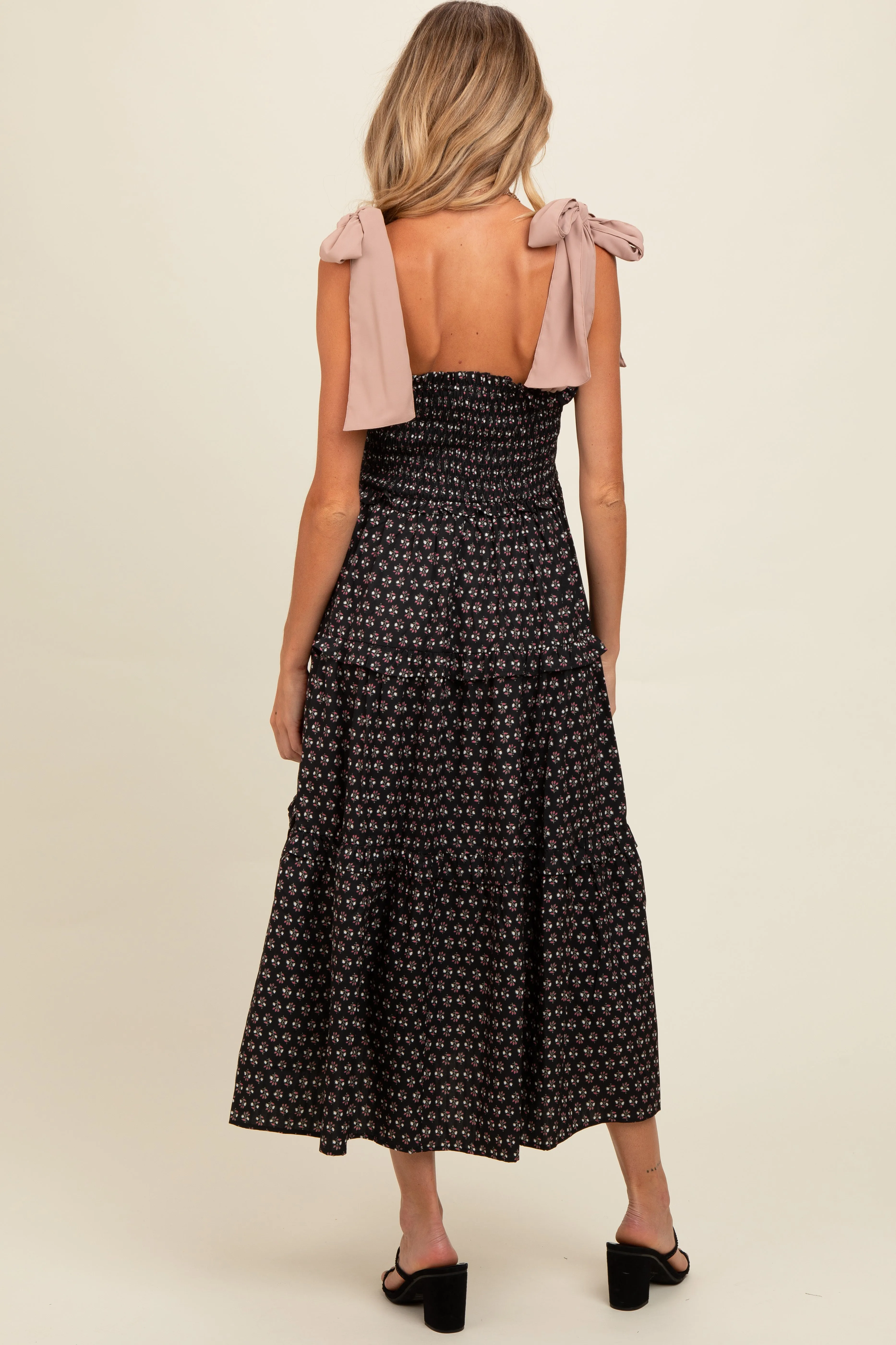 Black Floral Print Contrast Shoulder Tie Tiered Maternity Midi Dress sold by Pinkblush product image thumbnail 4