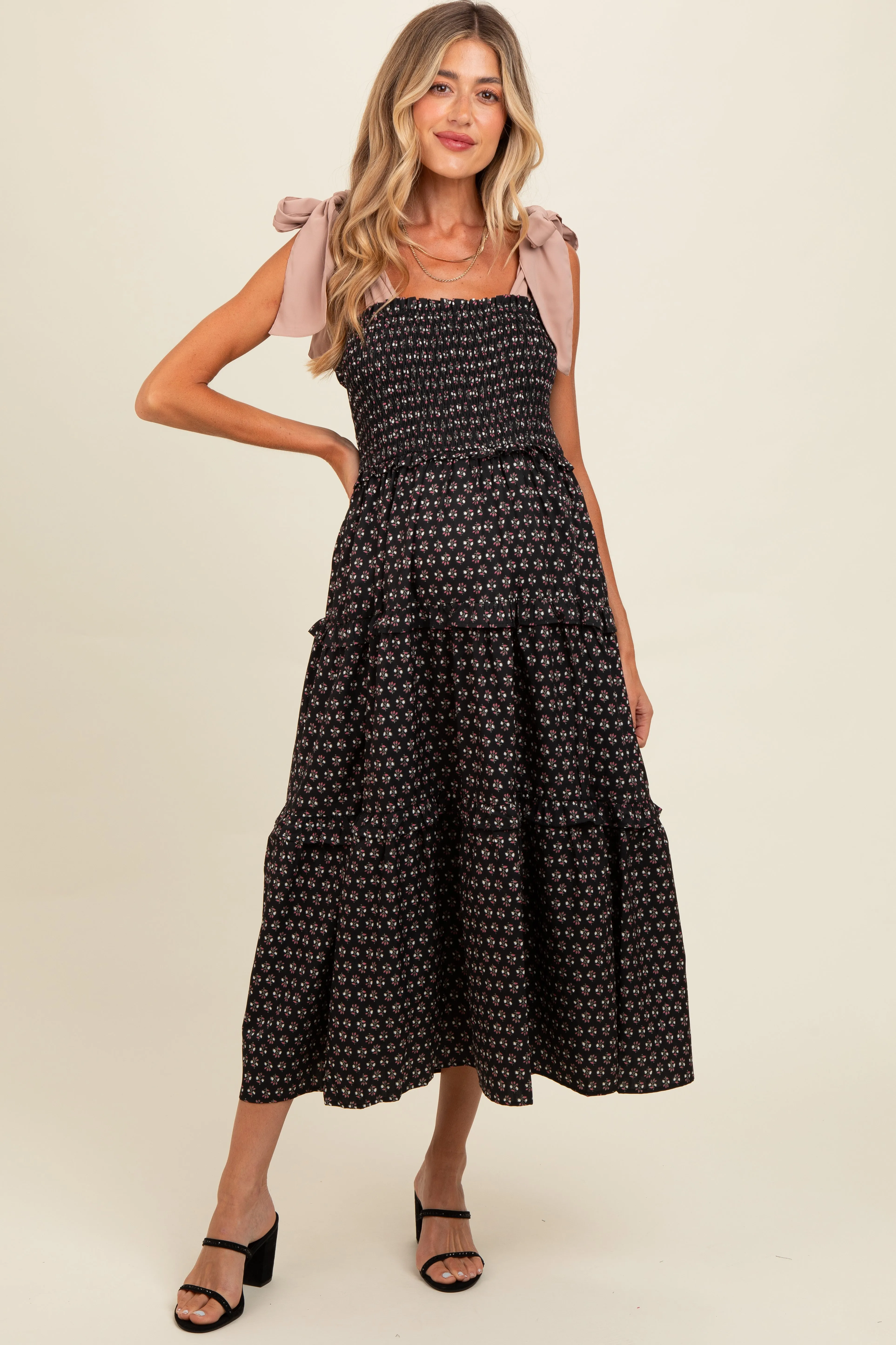 Black Floral Print Contrast Shoulder Tie Tiered Maternity Midi Dress sold by Pinkblush