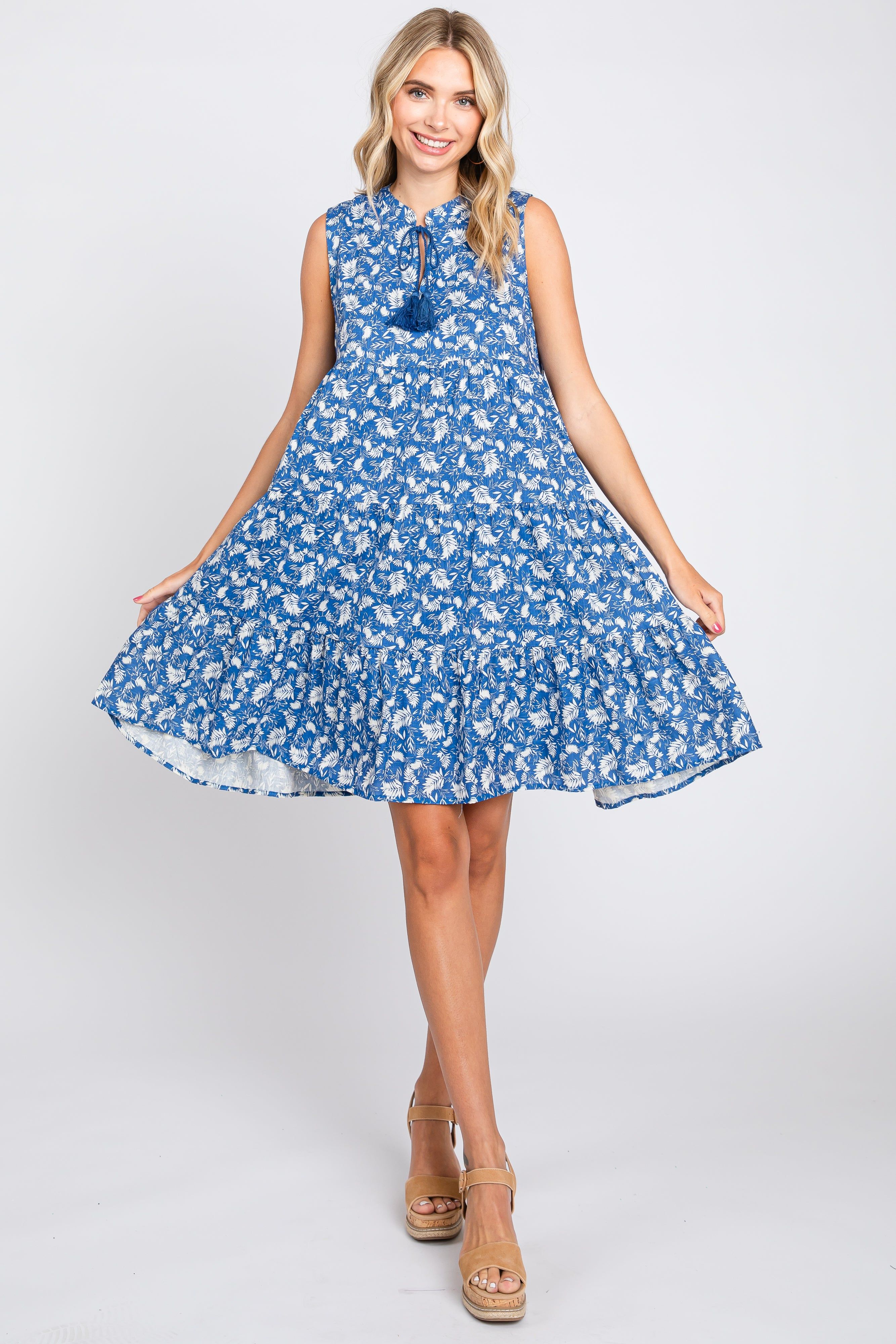 Blue Leaf Print Front Tassel Tie Tiered Dress sold by Pinkblush product image thumbnail 4