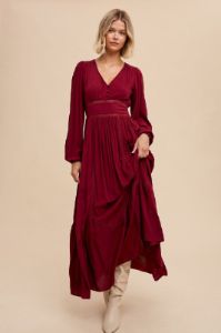 Burgundy Lace Inset Maxi Dress sold by Pinkblush