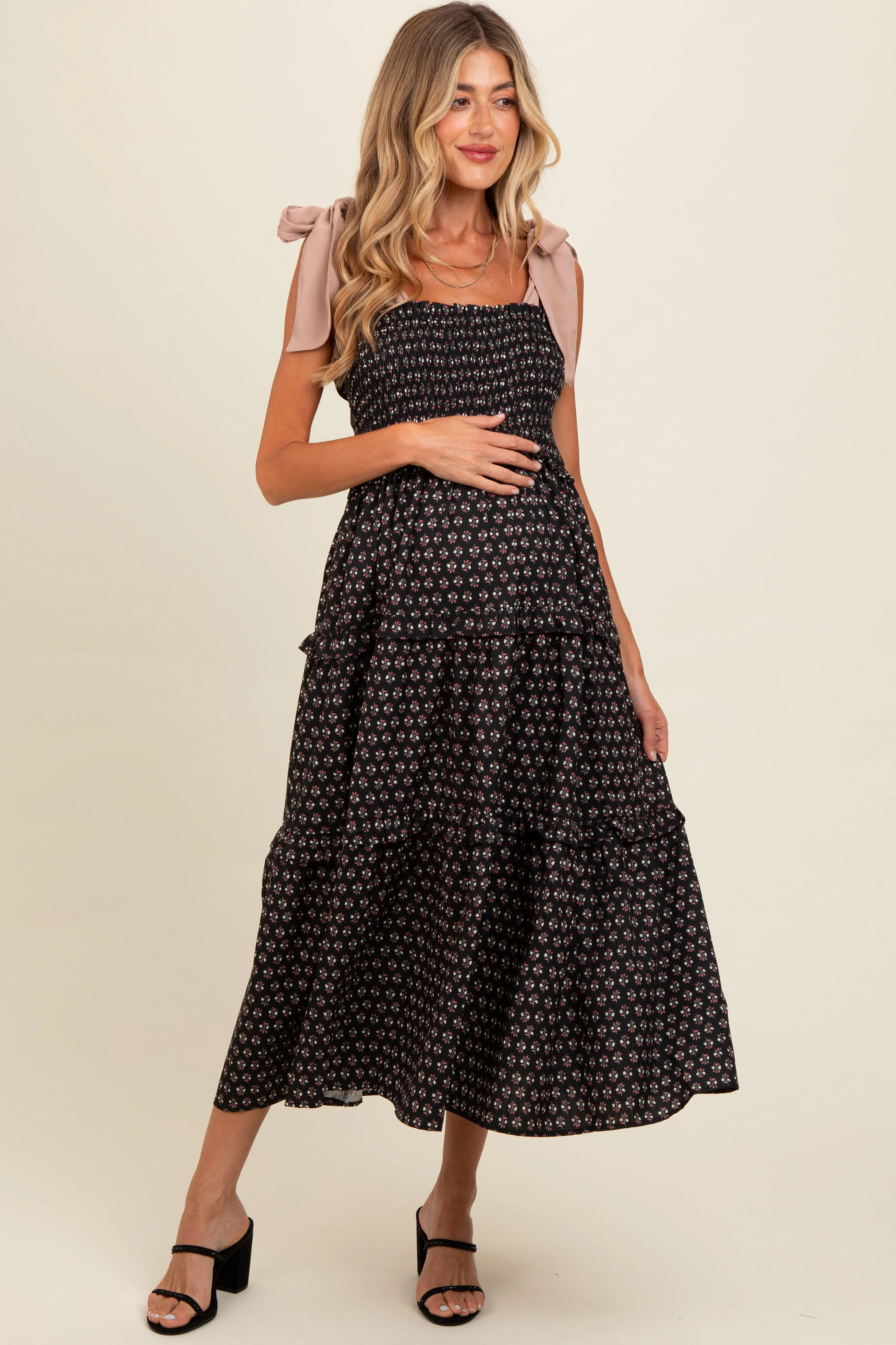 Black Floral Print Contrast Shoulder Tie Tiered Maternity Midi Dress sold by Pinkblush product image thumbnail 2