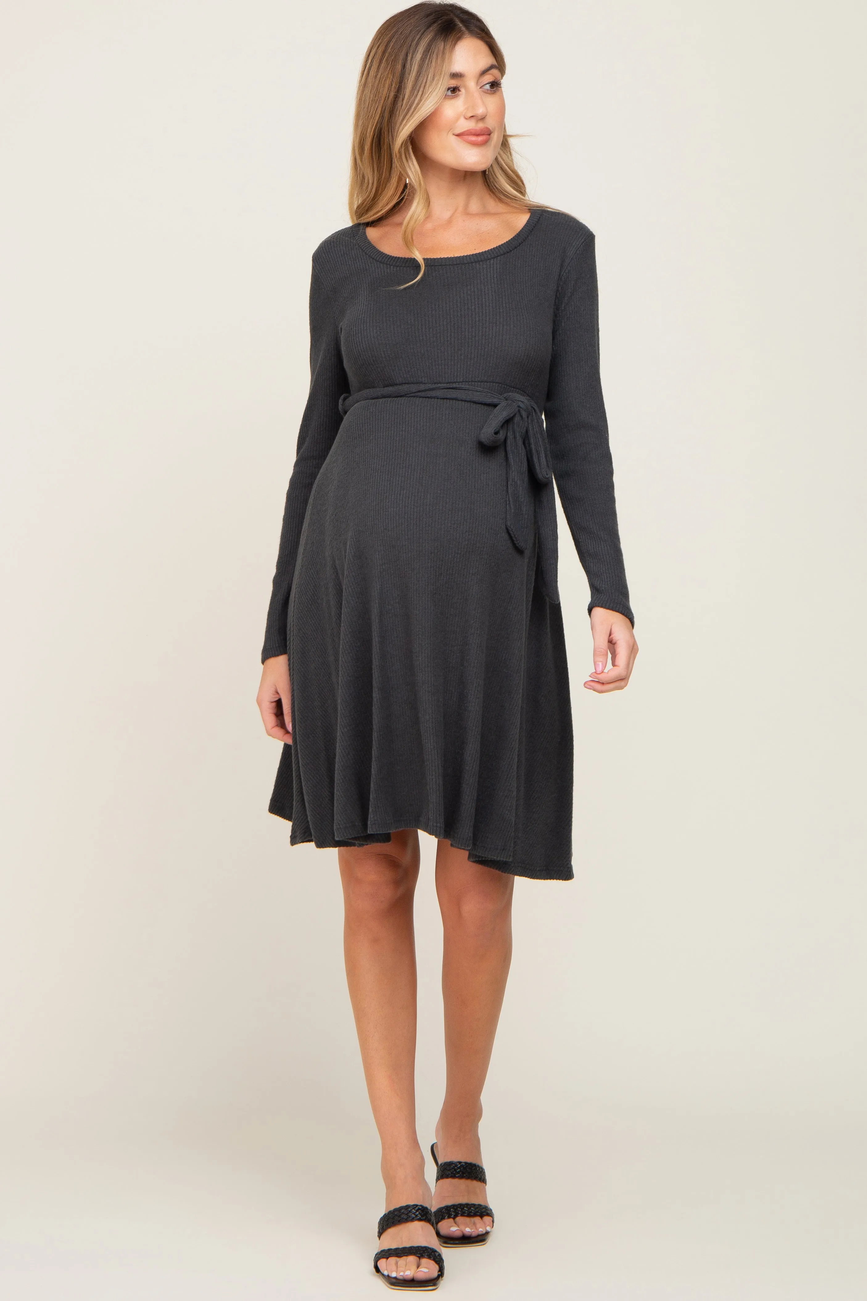 Charcoal Soft Rib Knit Sash Tie Maternity Dress sold by Pinkblush product image thumbnail 4