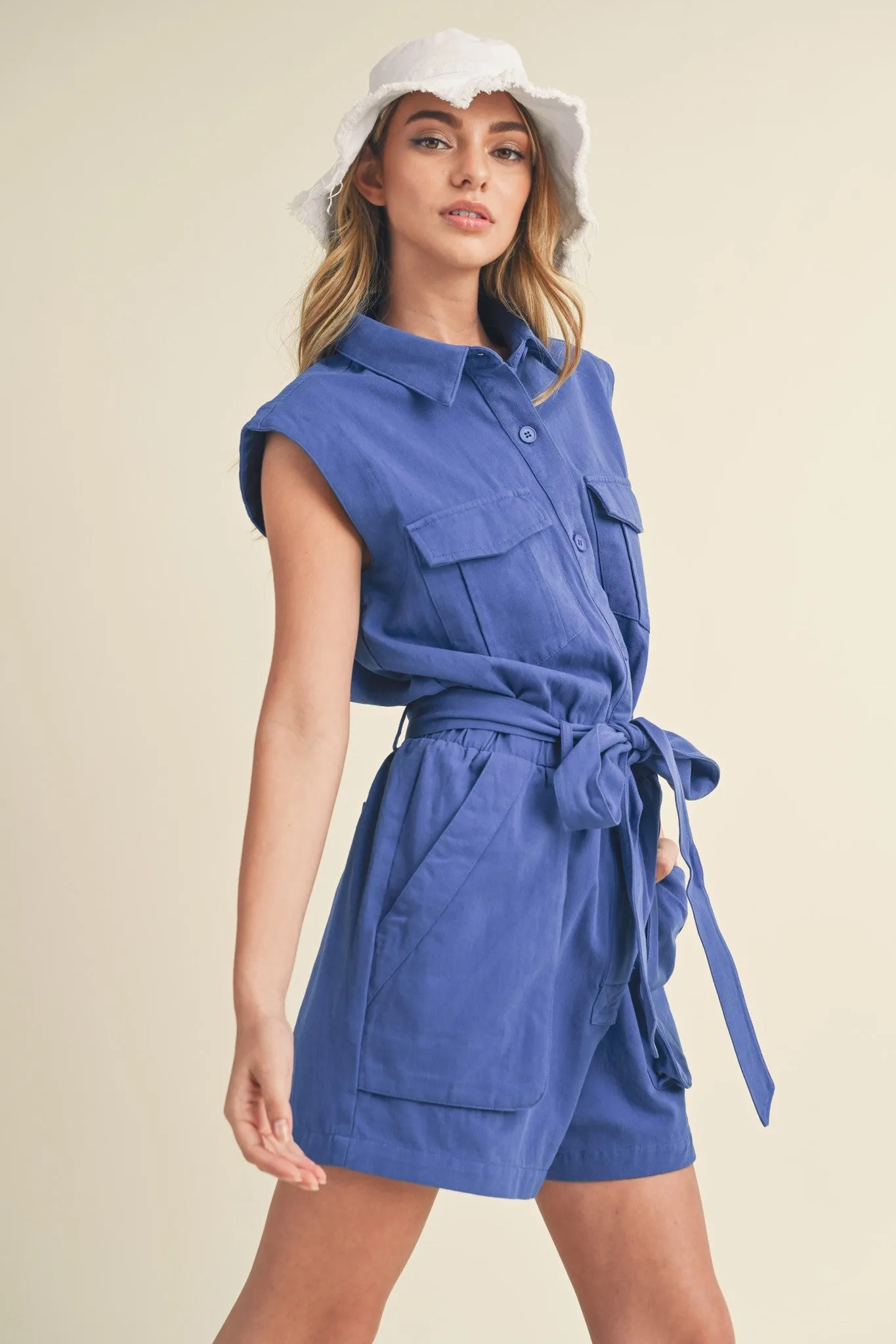Cobalt Blue Button Up Cargo Romper sold by Pinkblush product image thumbnail 2