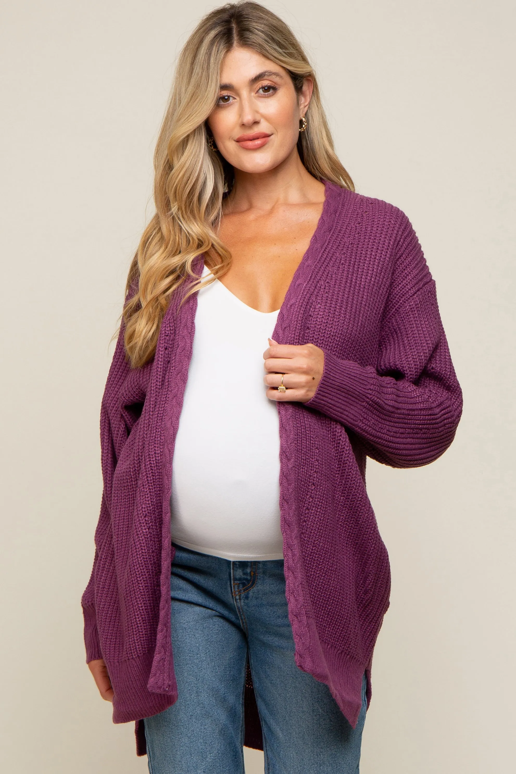 Plum Cable Knit Accent Maternity Cardigan sold by Pinkblush product image thumbnail 2
