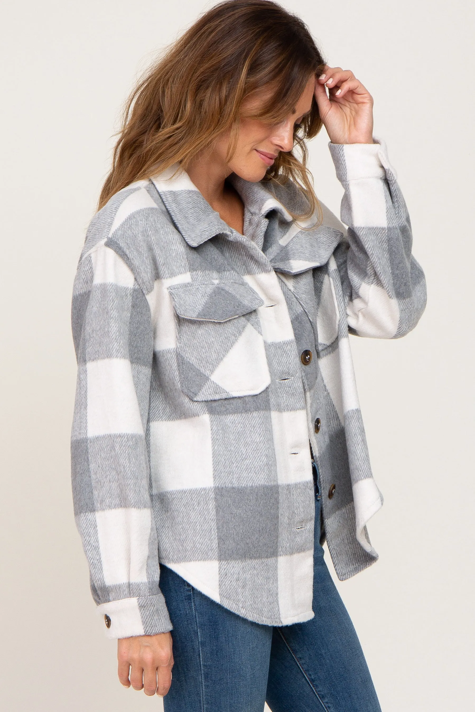 Grey Plaid Knit Shirt Jacket sold by Pinkblush product image thumbnail 2