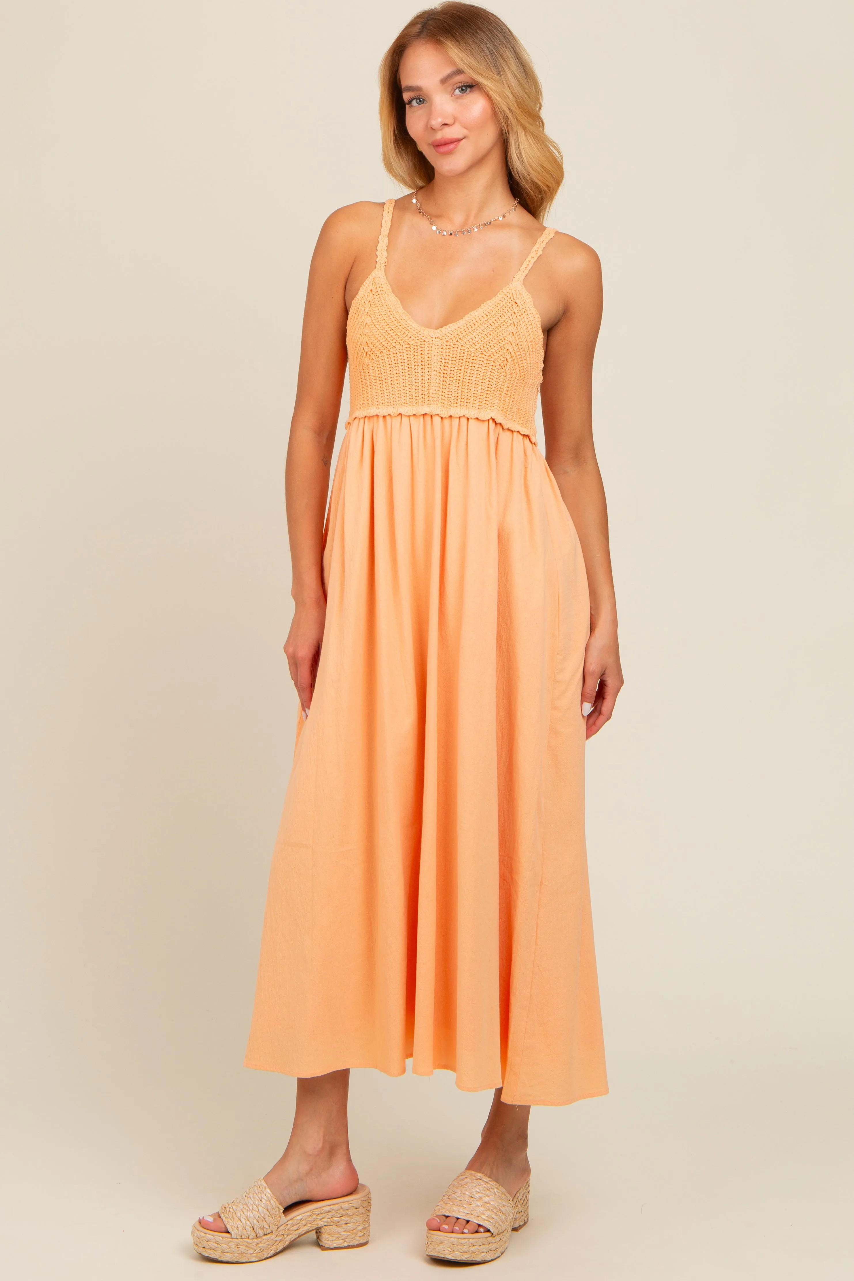Peach V-Neck Crochet Top Midi Dress sold by Pinkblush product image thumbnail 3