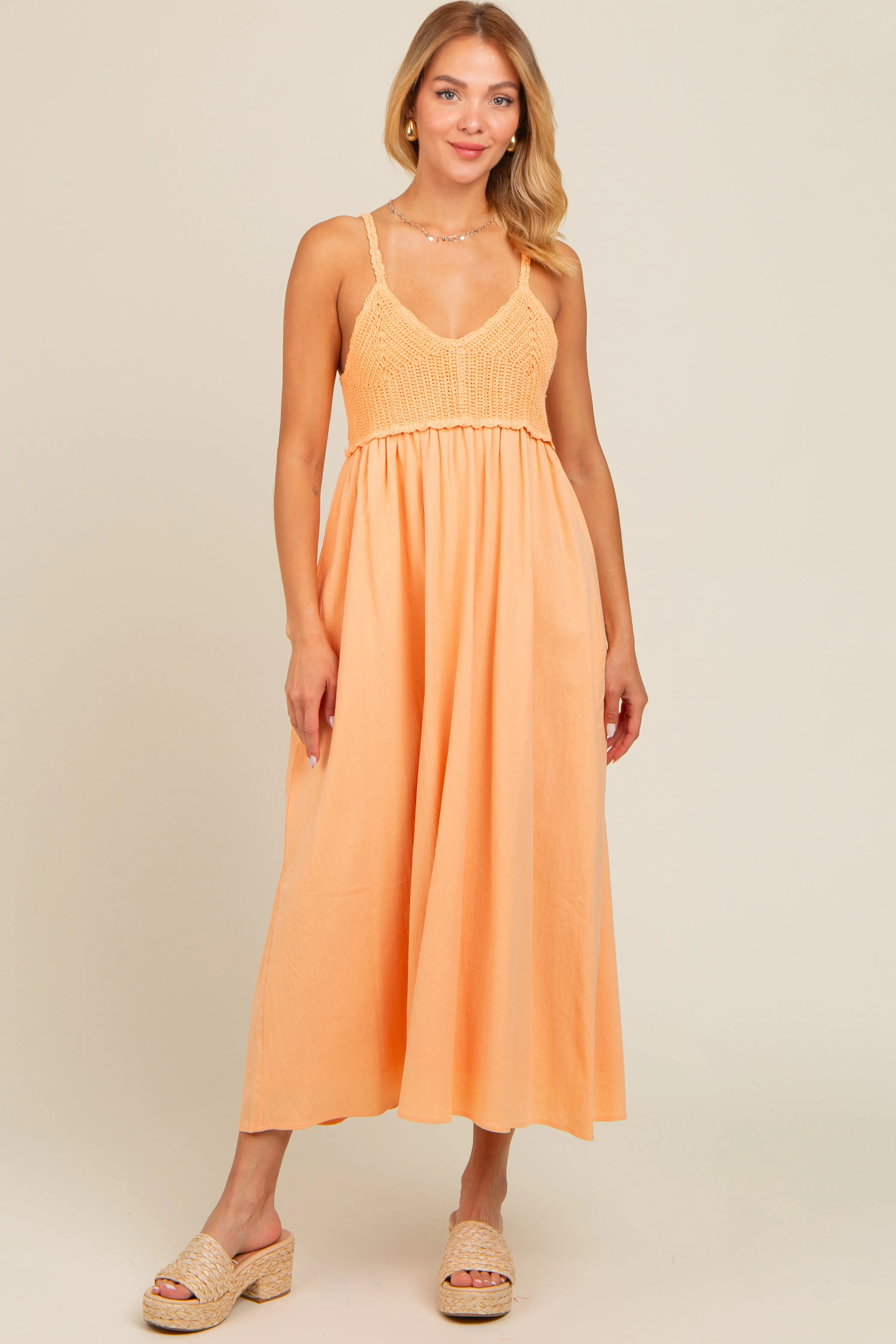 Peach V-Neck Crochet Top Midi Dress sold by Pinkblush