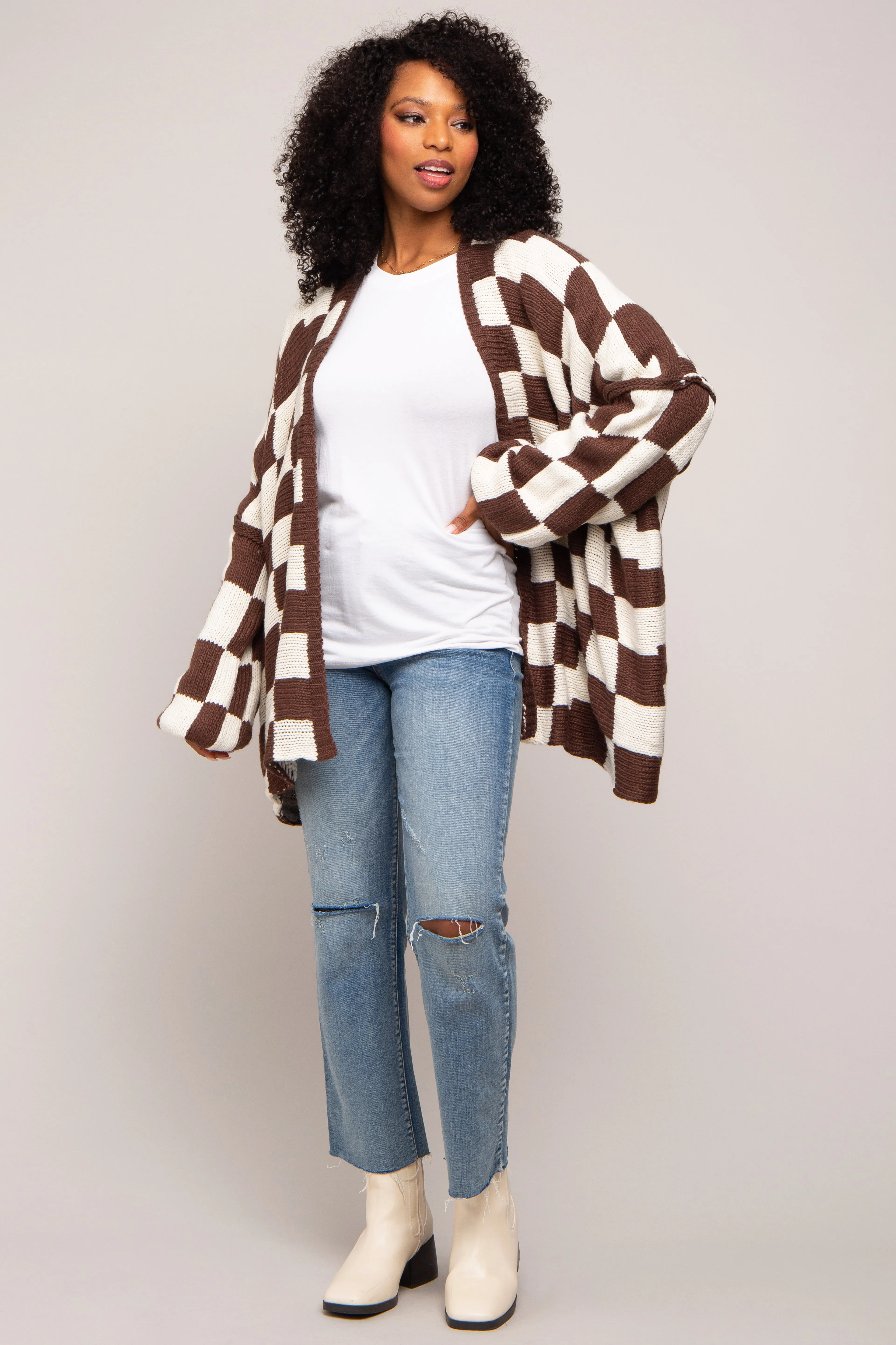 Brown Checkered Print Oversized Cardigan sold by Pinkblush product image thumbnail 4