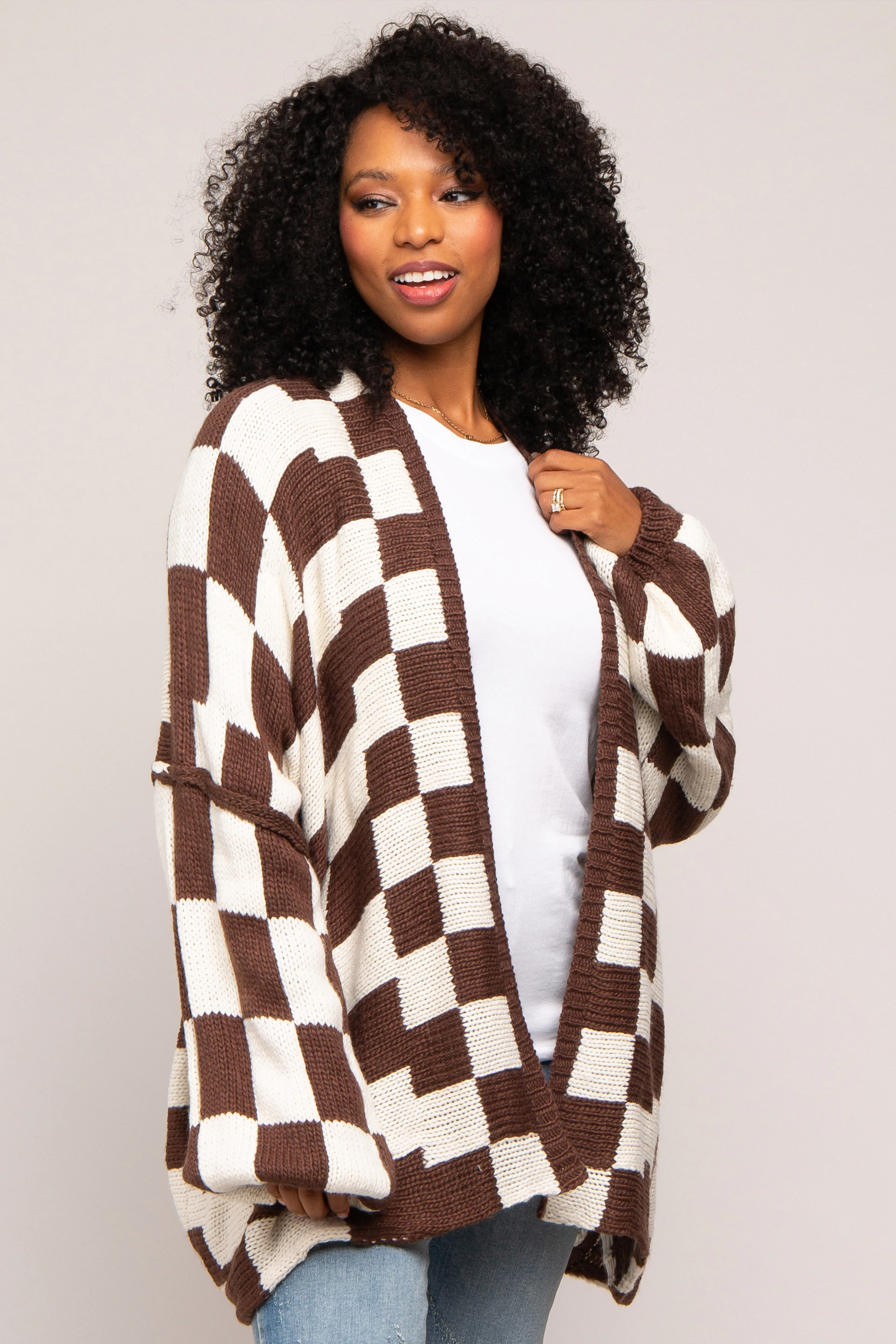 Brown Checkered Print Oversized Cardigan sold by Pinkblush