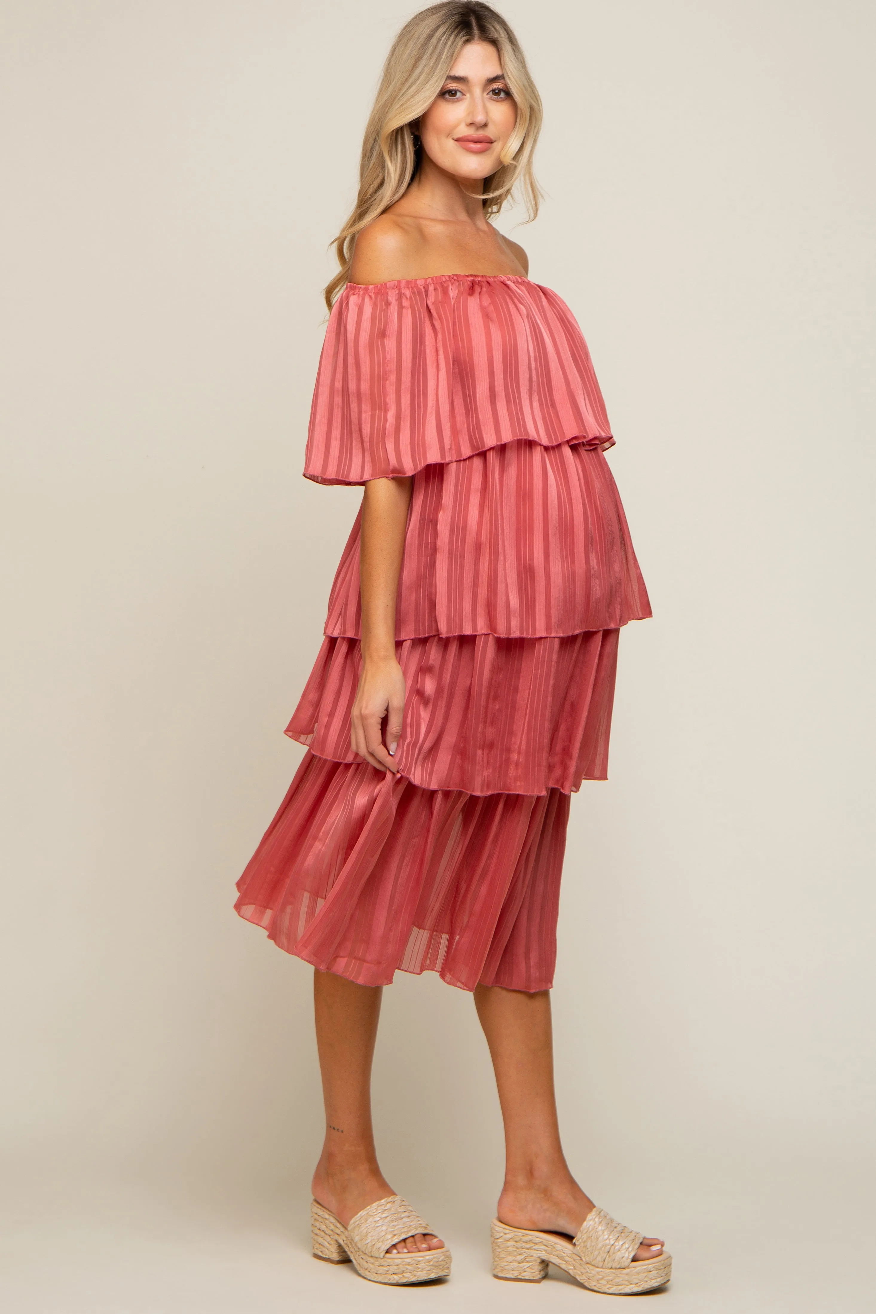 Dark Mauve Striped Layered Maternity Midi Dress sold by Pinkblush product image thumbnail 3