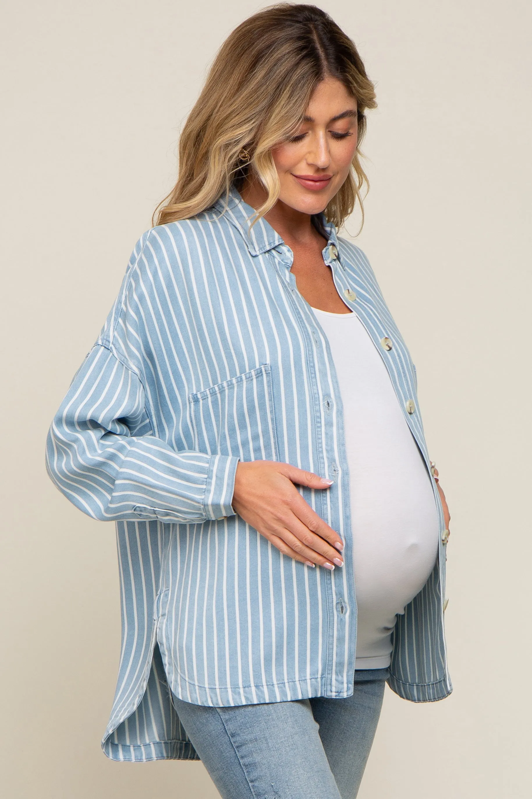 Light Blue Striped Front Pocket Button Up Maternity Top sold by Pinkblush product image thumbnail 3