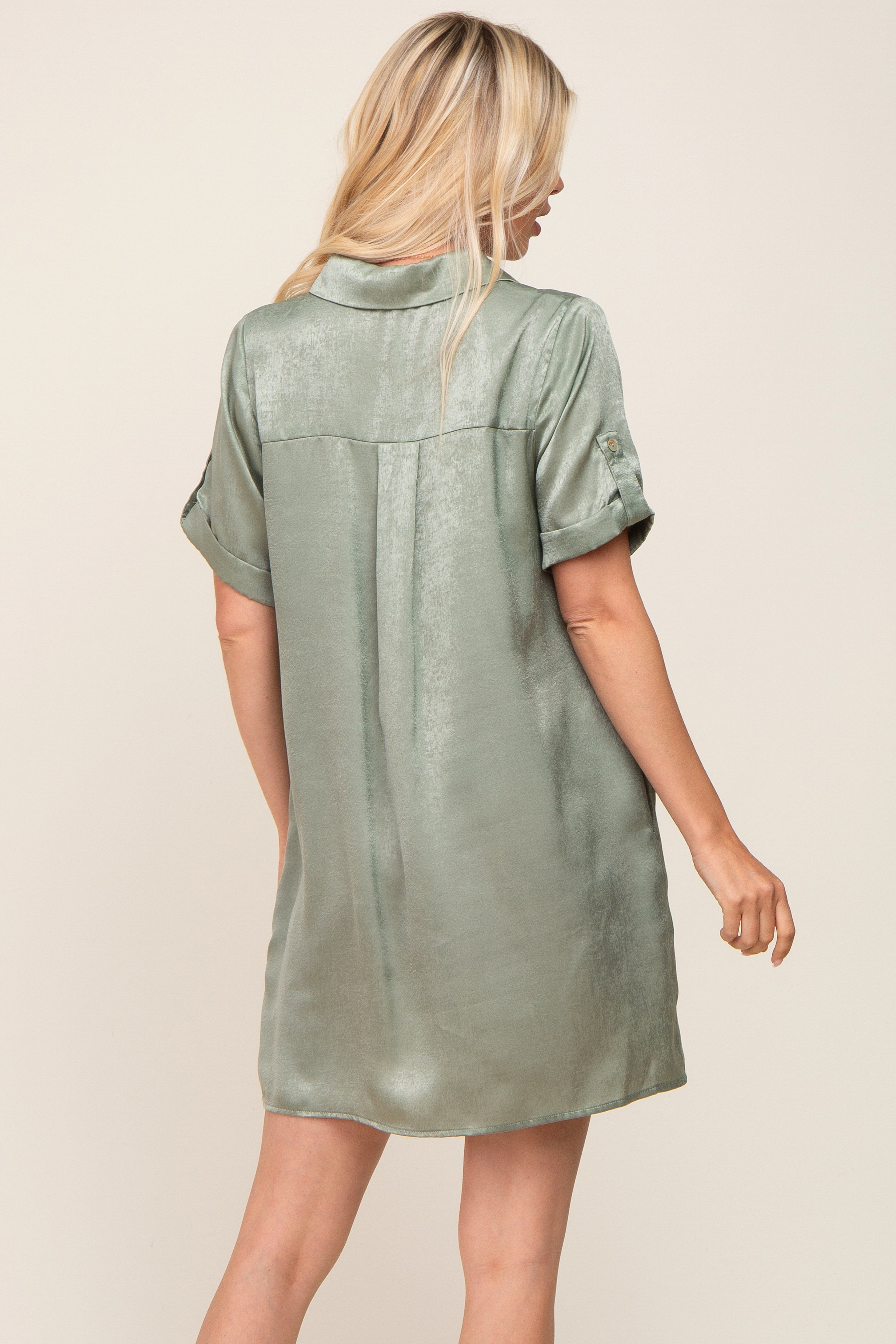 Light Olive Satin Button Front Short Sleeve Dress sold by Pinkblush product image thumbnail 3
