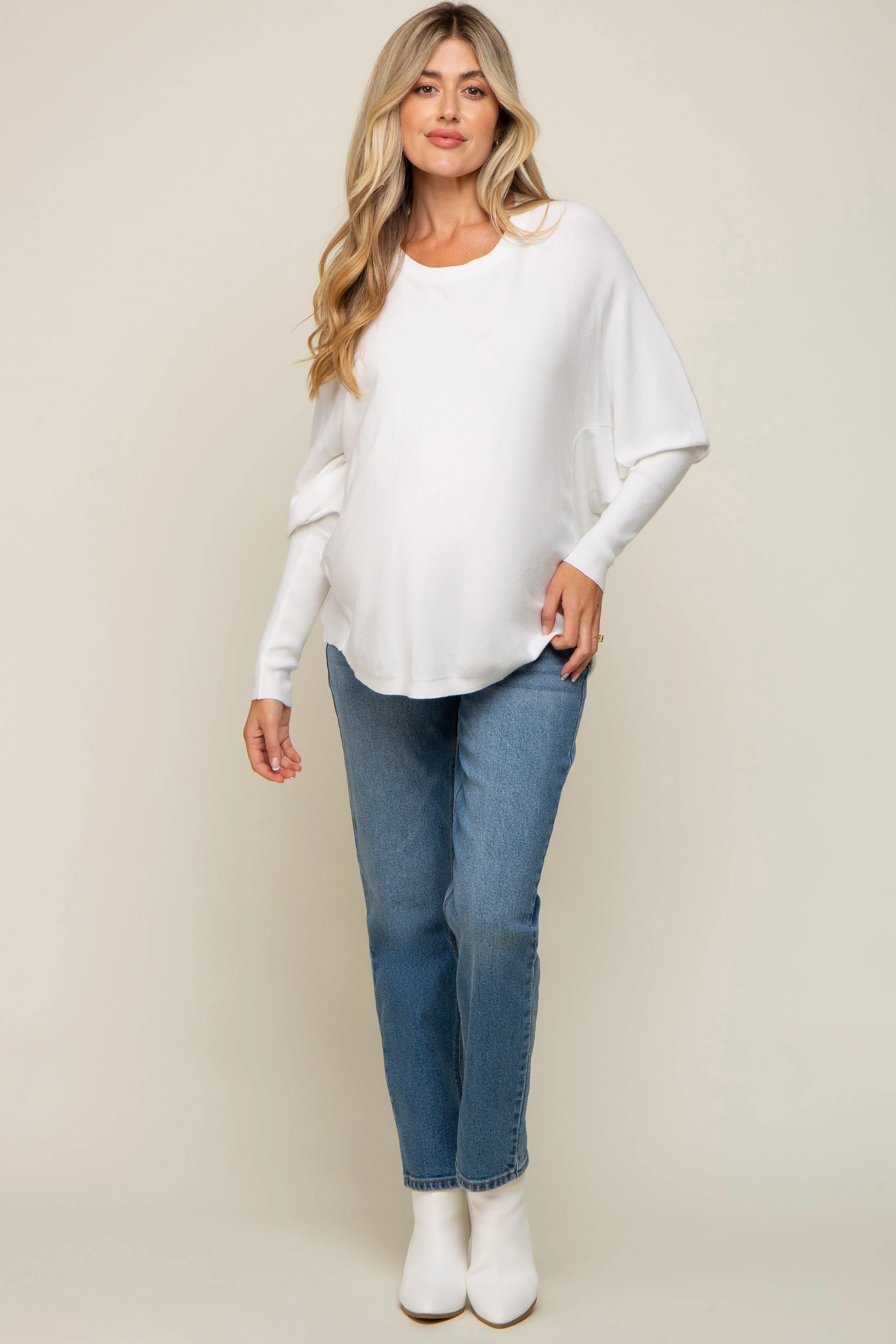 Cream Knit Long Dolman Sleeve Maternity Top sold by Pinkblush