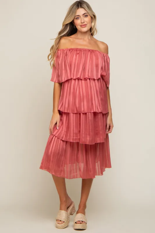 Dark Mauve Striped Layered Maternity Midi Dress sold by Pinkblush