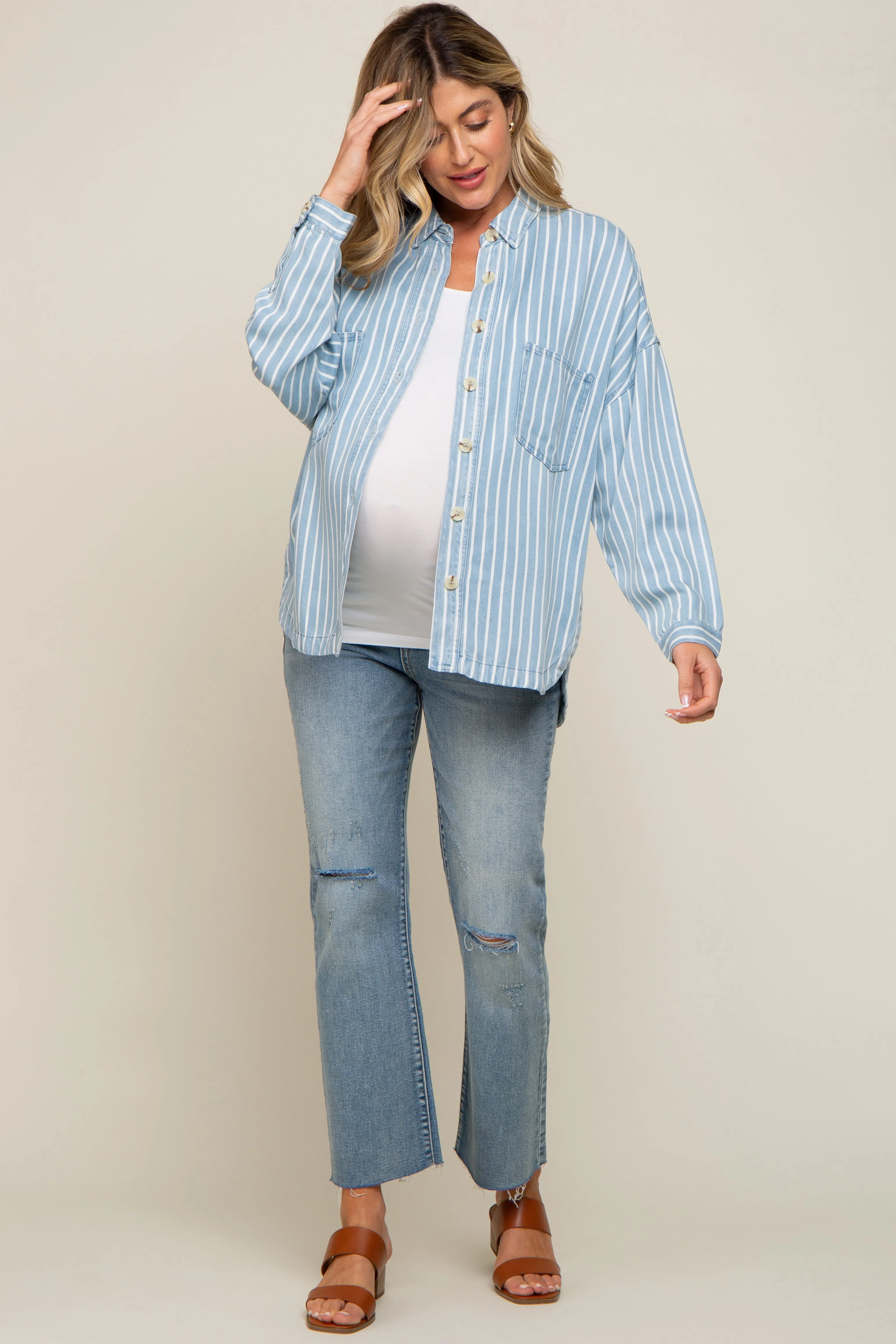 Light Blue Striped Front Pocket Button Up Maternity Top sold by Pinkblush