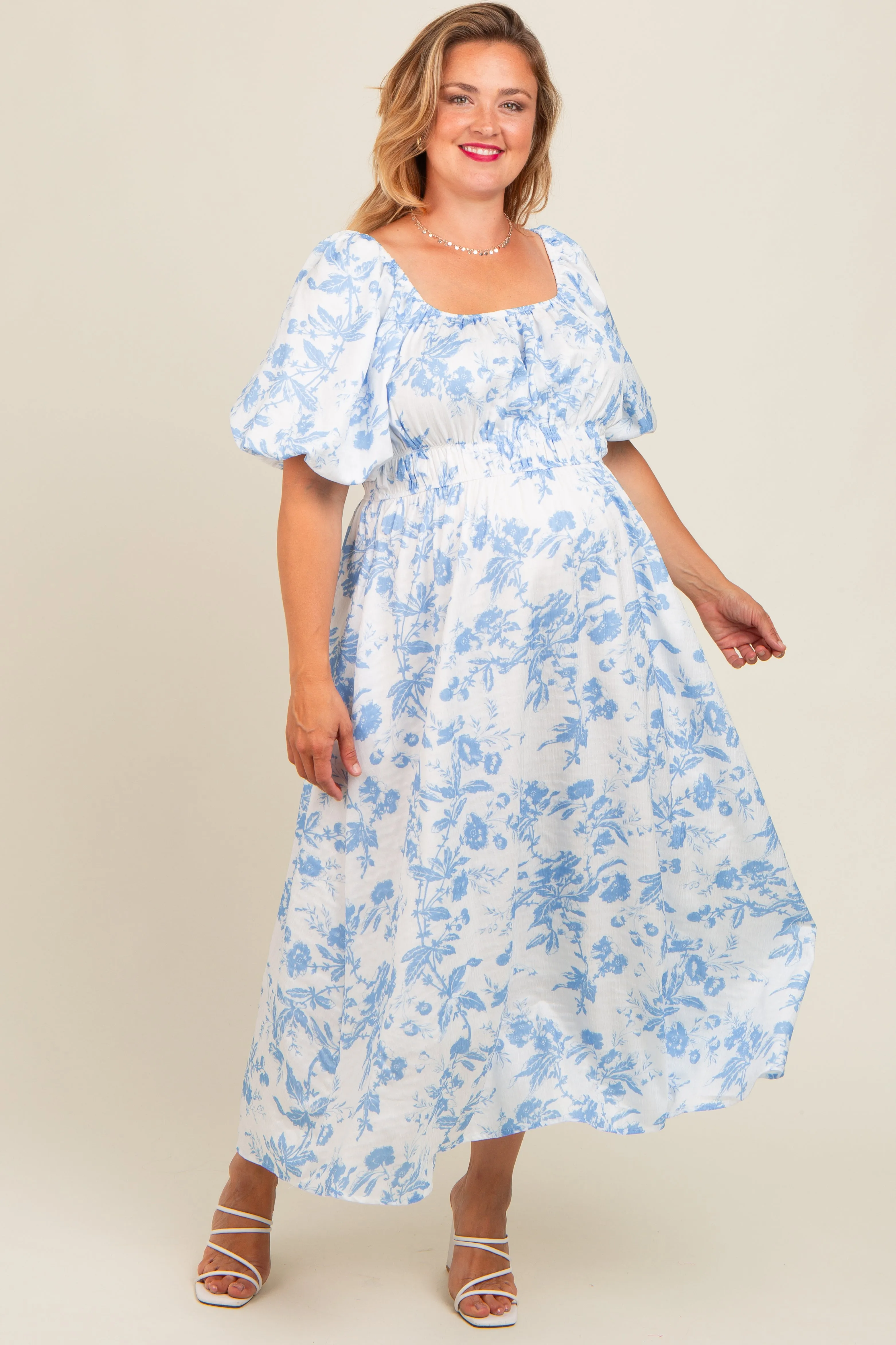 Blue Floral Puff Sleeve Maternity Plus Midi Dress sold by Pinkblush
