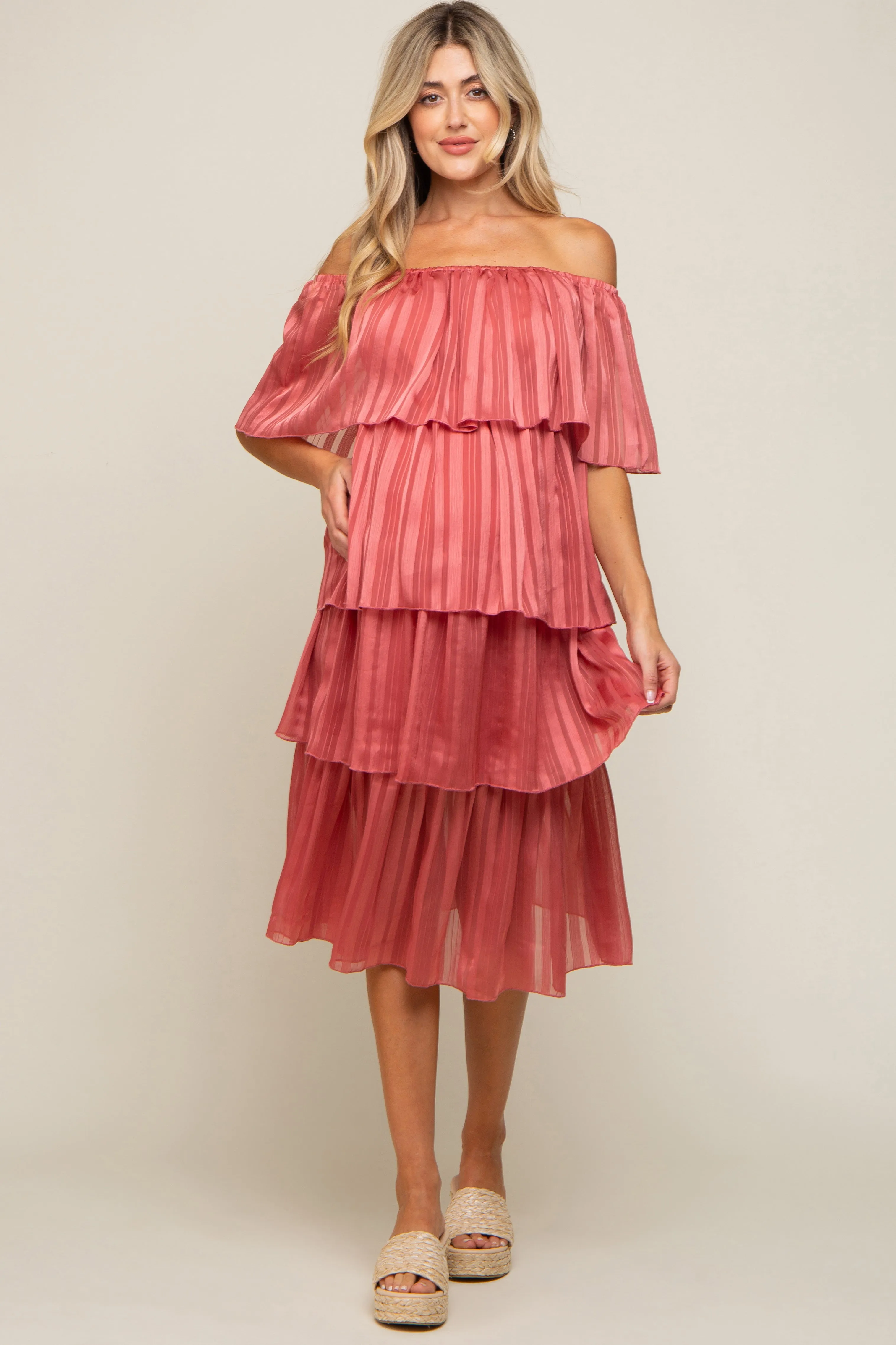 Dark Mauve Striped Layered Maternity Midi Dress sold by Pinkblush product image thumbnail 2