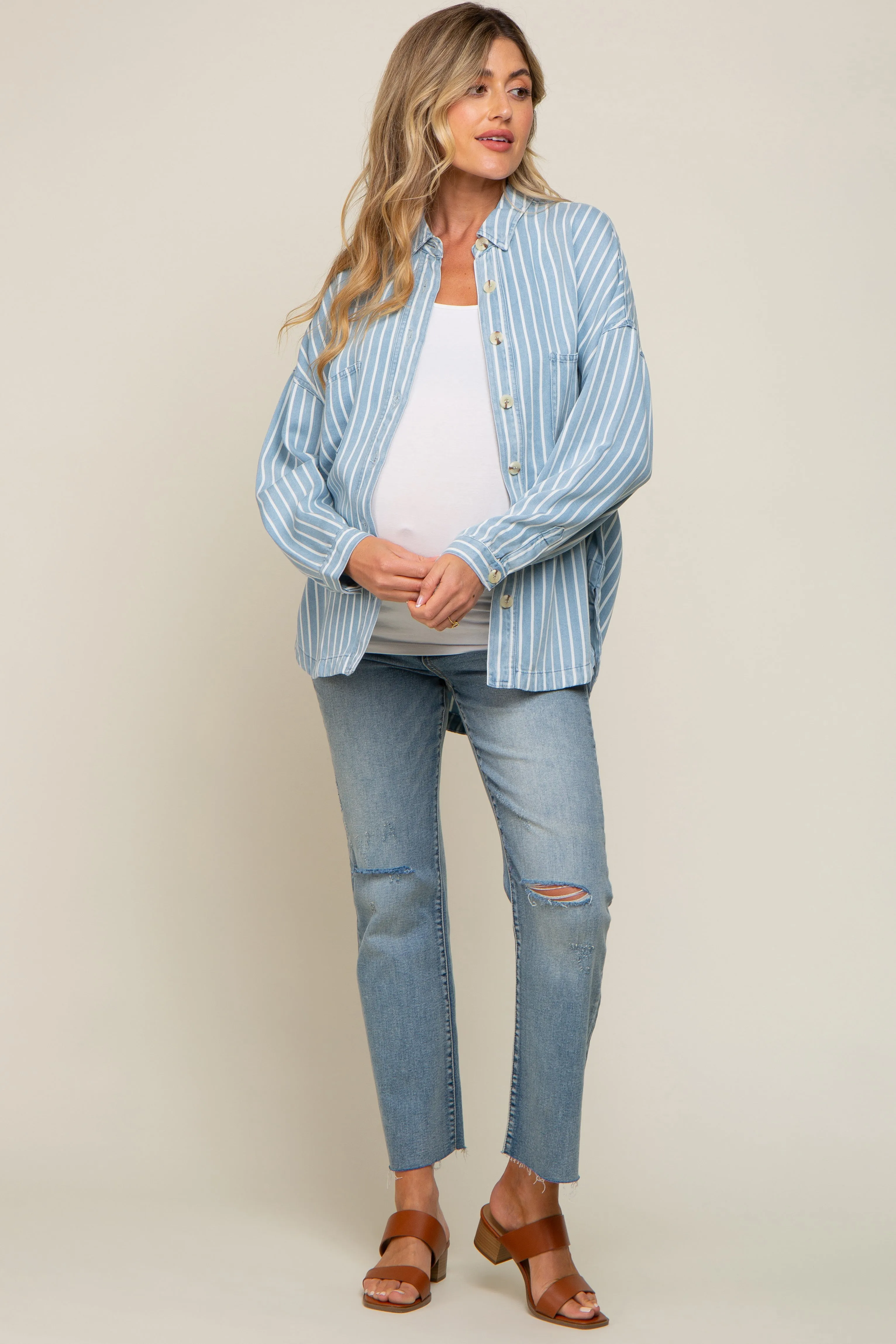 Light Blue Striped Front Pocket Button Up Maternity Top sold by Pinkblush product image thumbnail 5