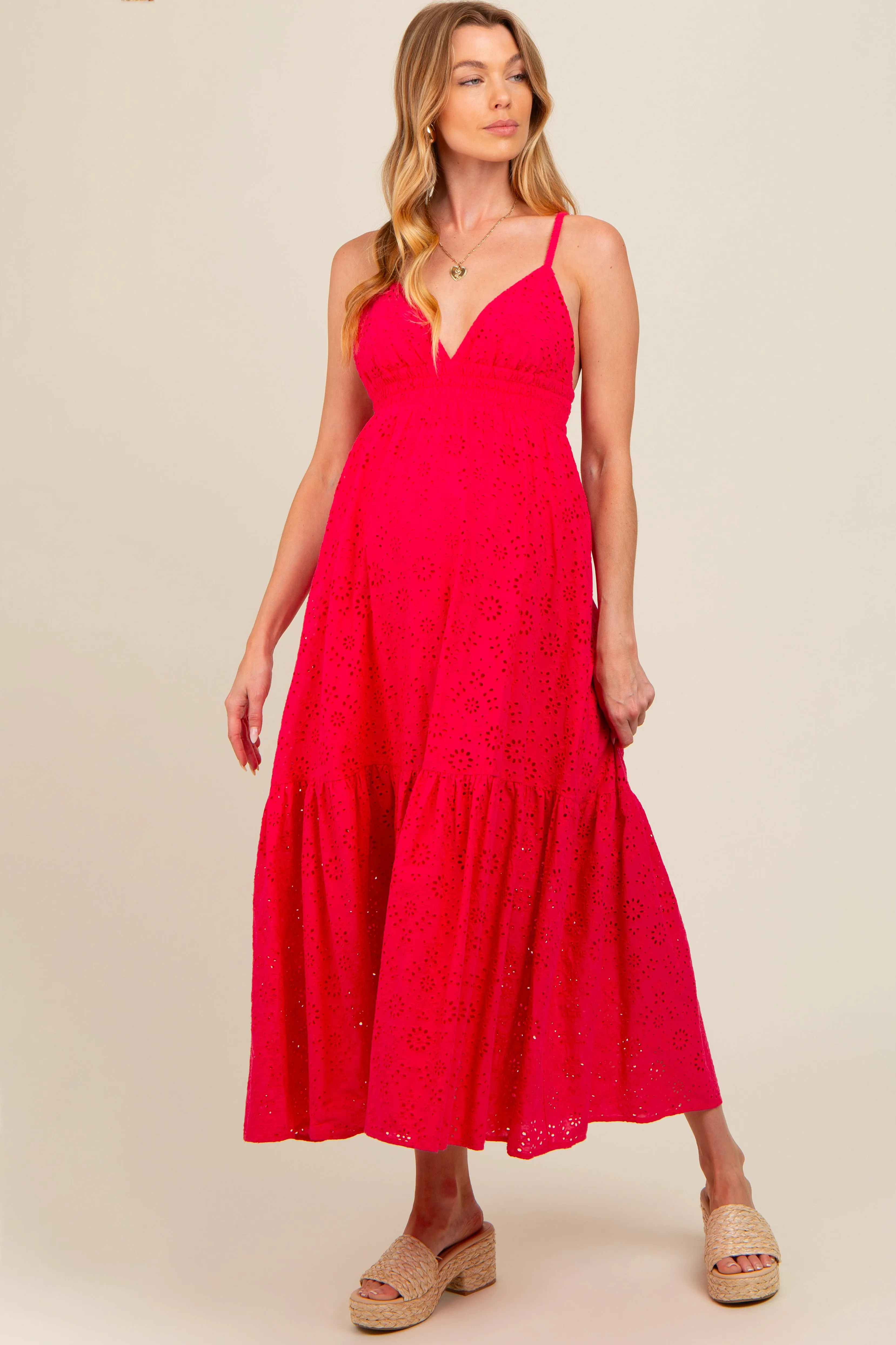 Fuchsia Eyelet Lace Maternity Midi Dress sold by Pinkblush product image thumbnail 2