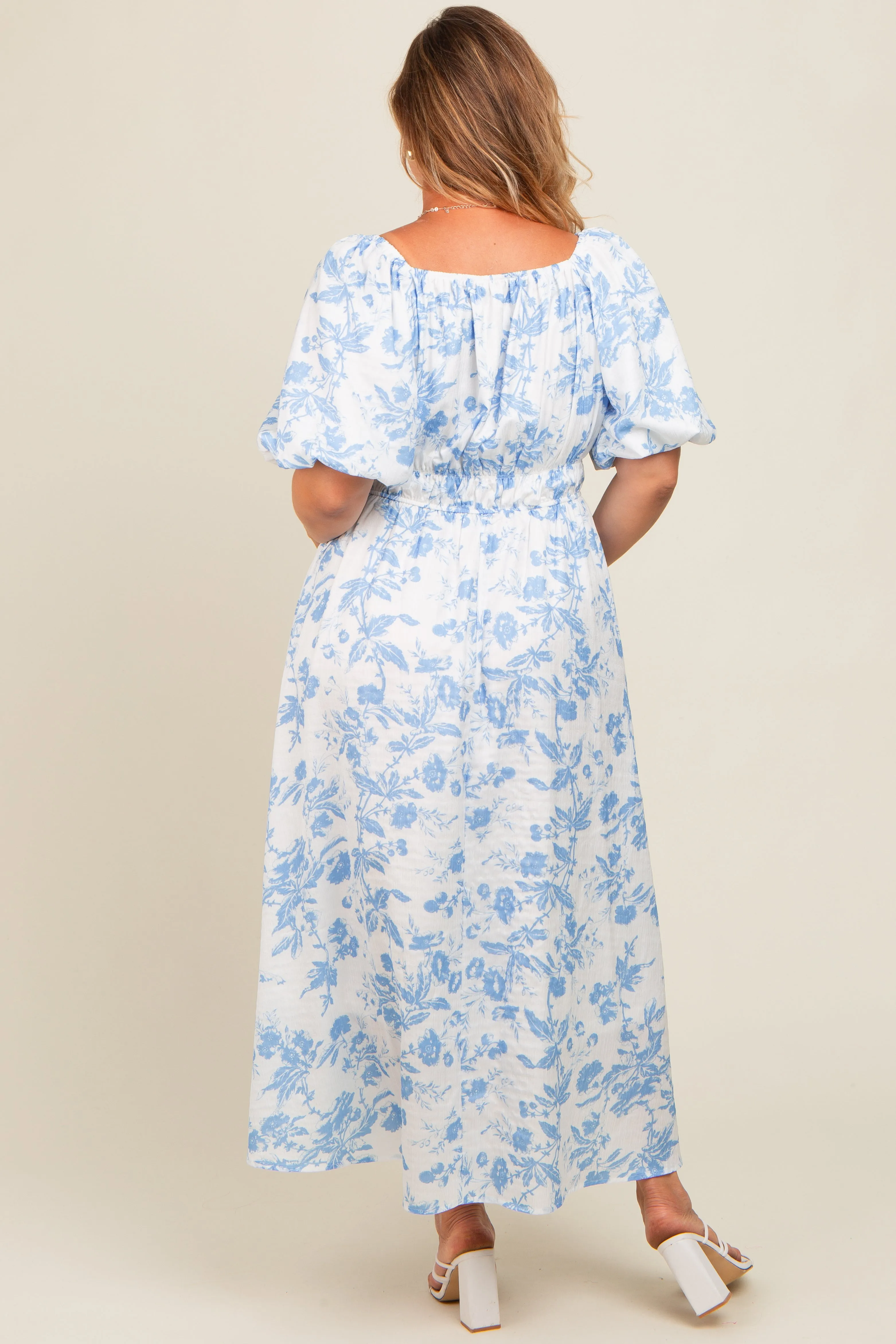 Blue Floral Puff Sleeve Maternity Plus Midi Dress sold by Pinkblush product image thumbnail 2