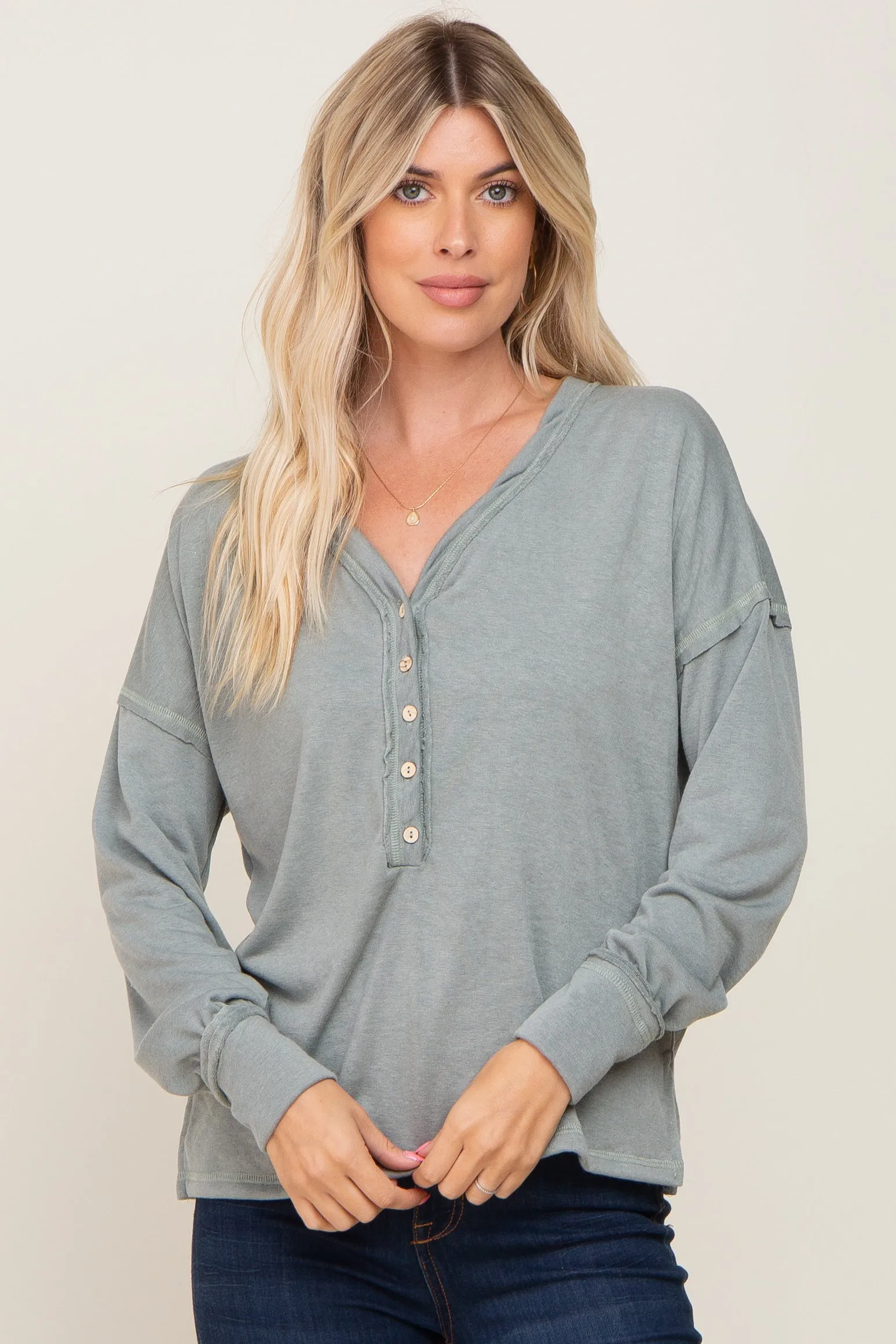 Sage Button Front Terry Long Sleeve Maternity Top sold by Pinkblush product image thumbnail 4
