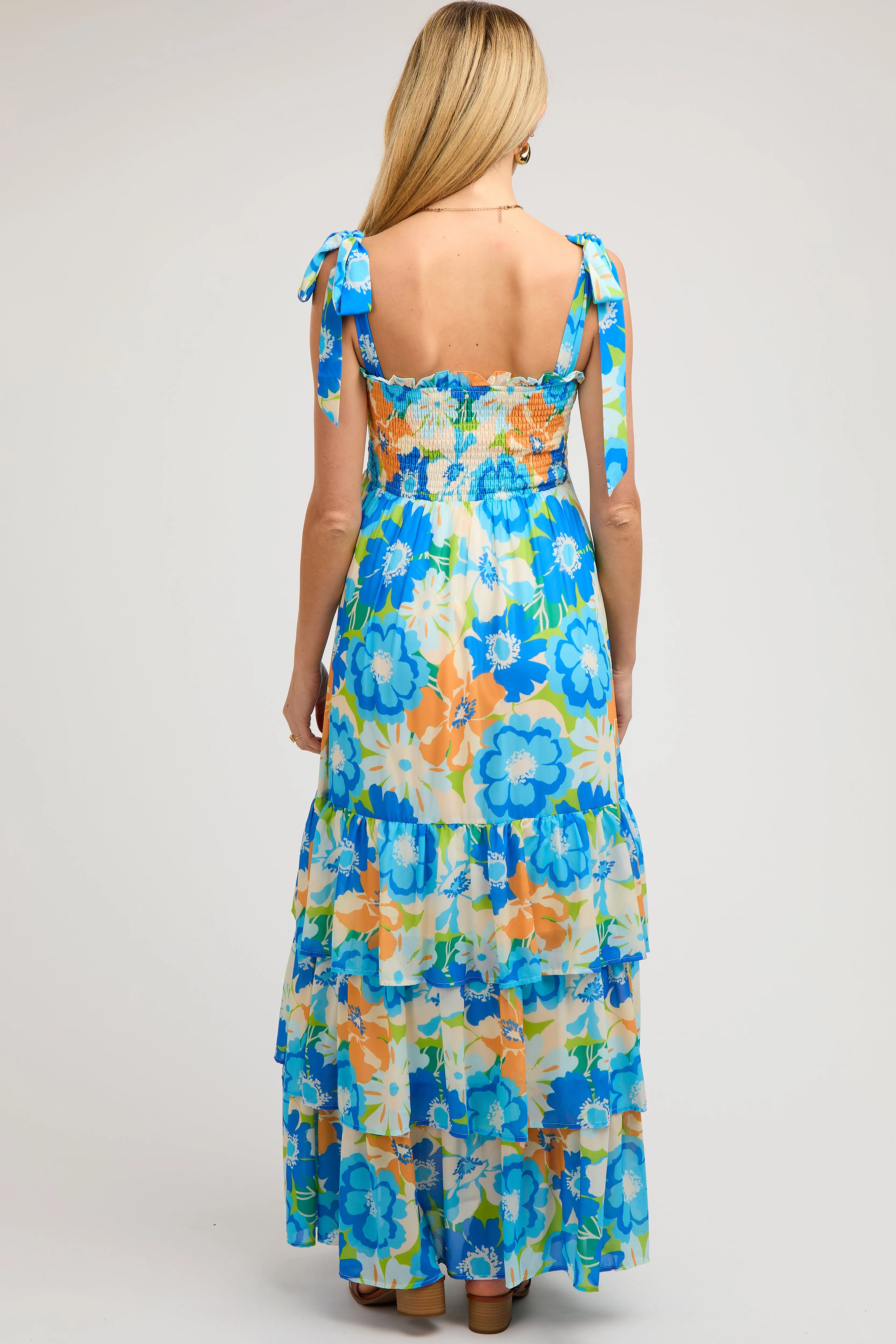 Blue Floral Smocked Shoulder Strap Maternity Maxi Dress sold by Pinkblush product image thumbnail 4