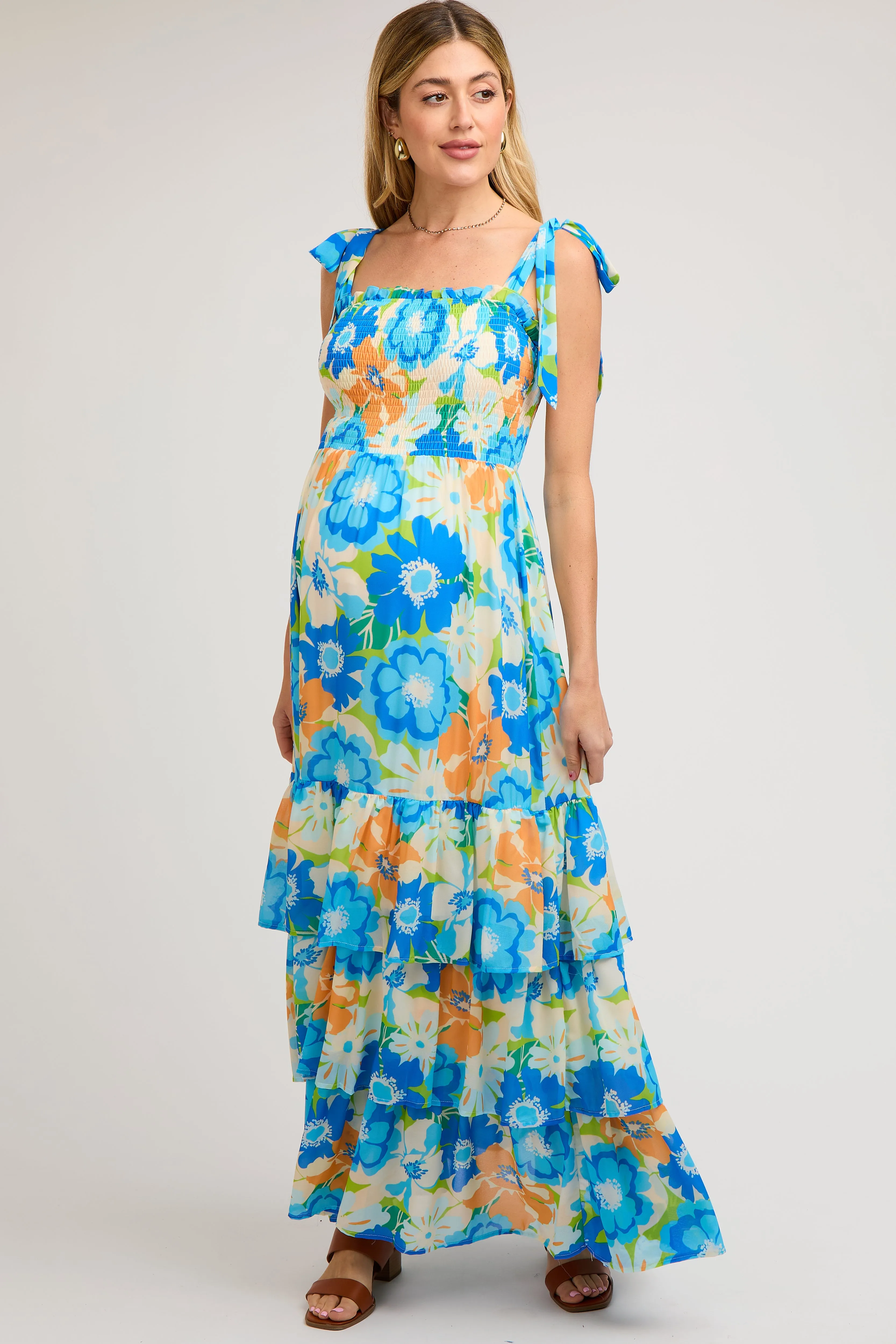 Blue Floral Smocked Shoulder Strap Maternity Maxi Dress sold by Pinkblush