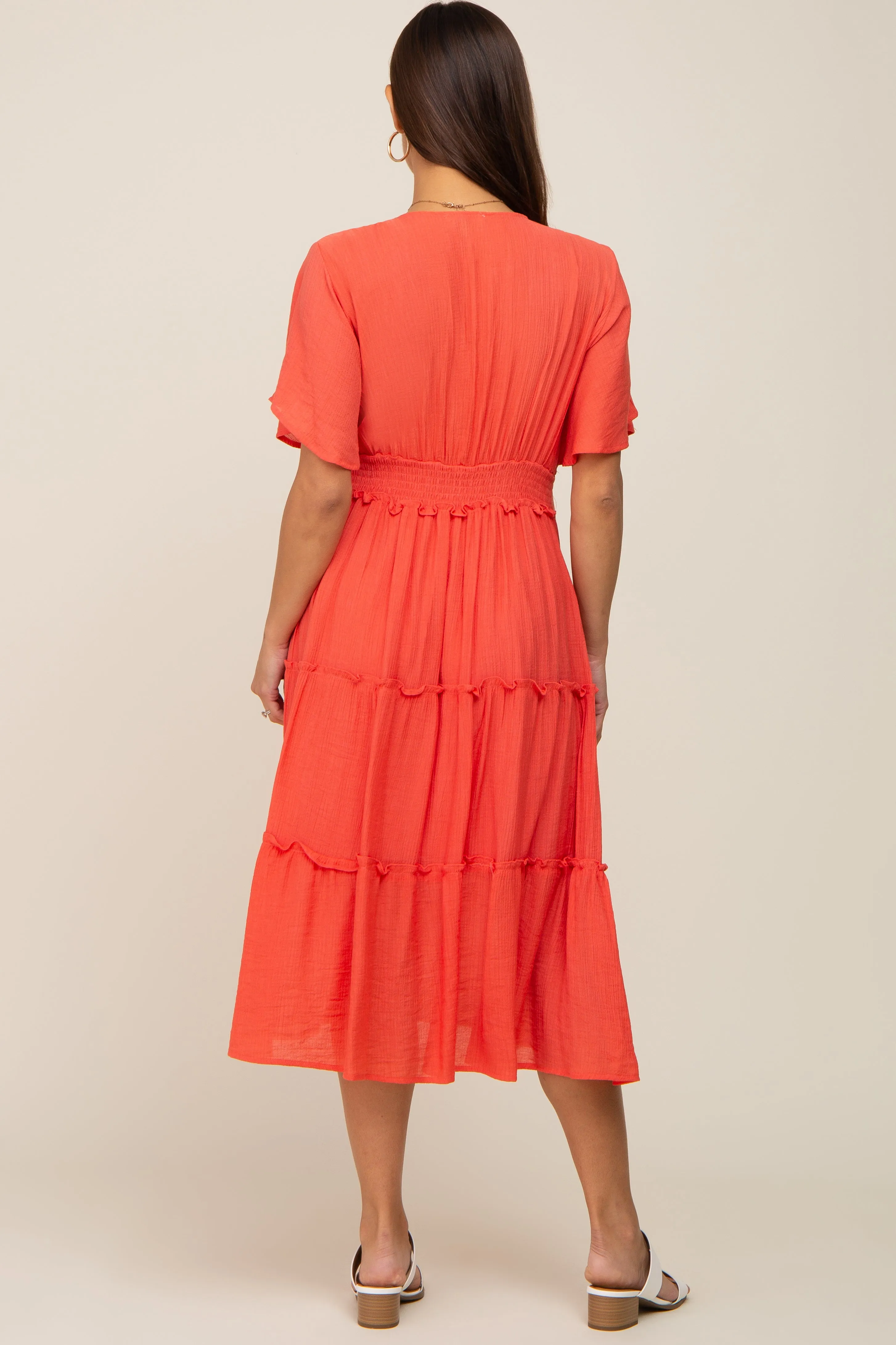 Coral Ruffle Tiered V-Neck Maternity Midi Dress sold by Pinkblush product image thumbnail 3