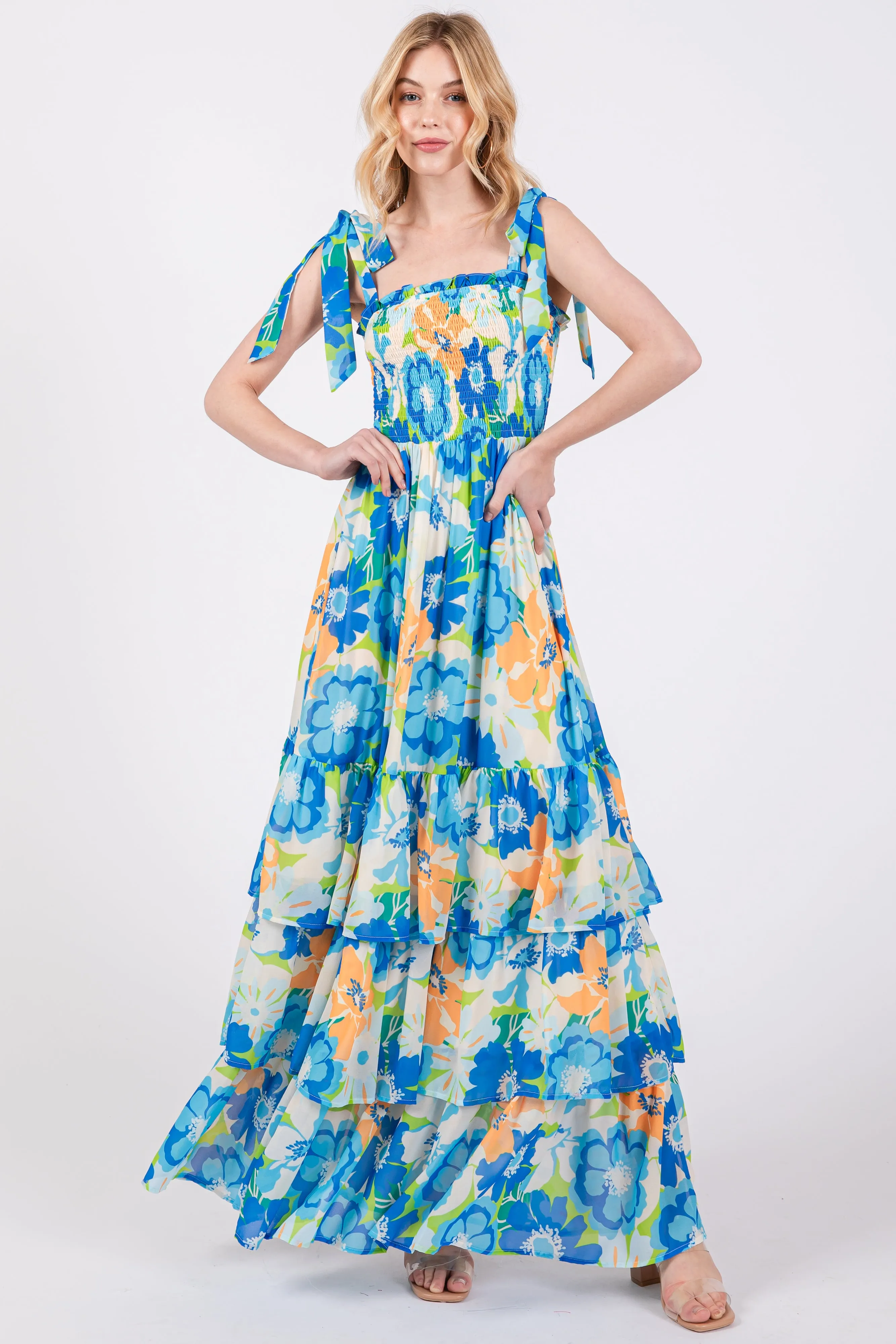 Blue Floral Smocked Shoulder Strap Maternity Maxi Dress sold by Pinkblush product image thumbnail 5