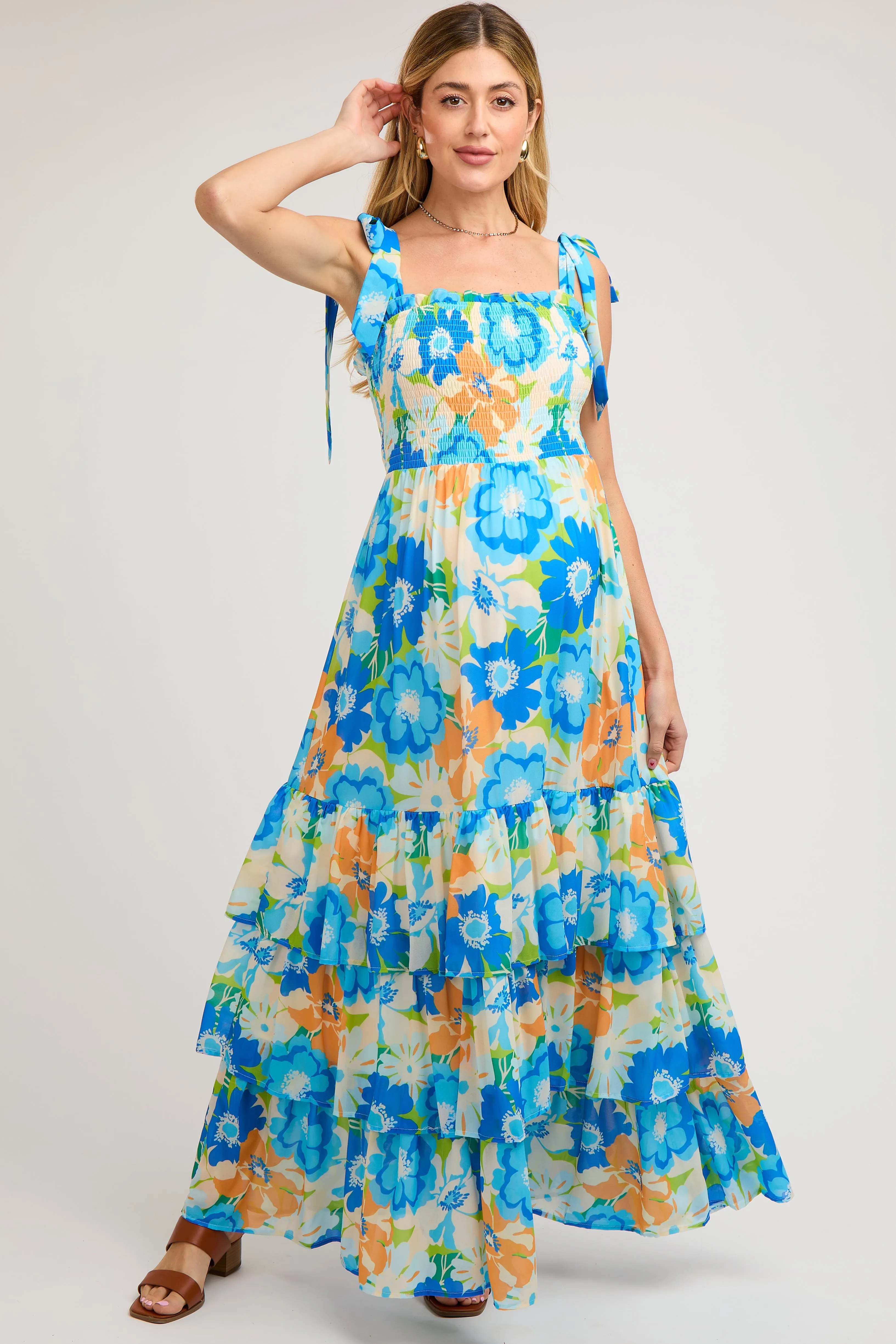 Blue Floral Smocked Shoulder Strap Maternity Maxi Dress sold by Pinkblush product image thumbnail 2