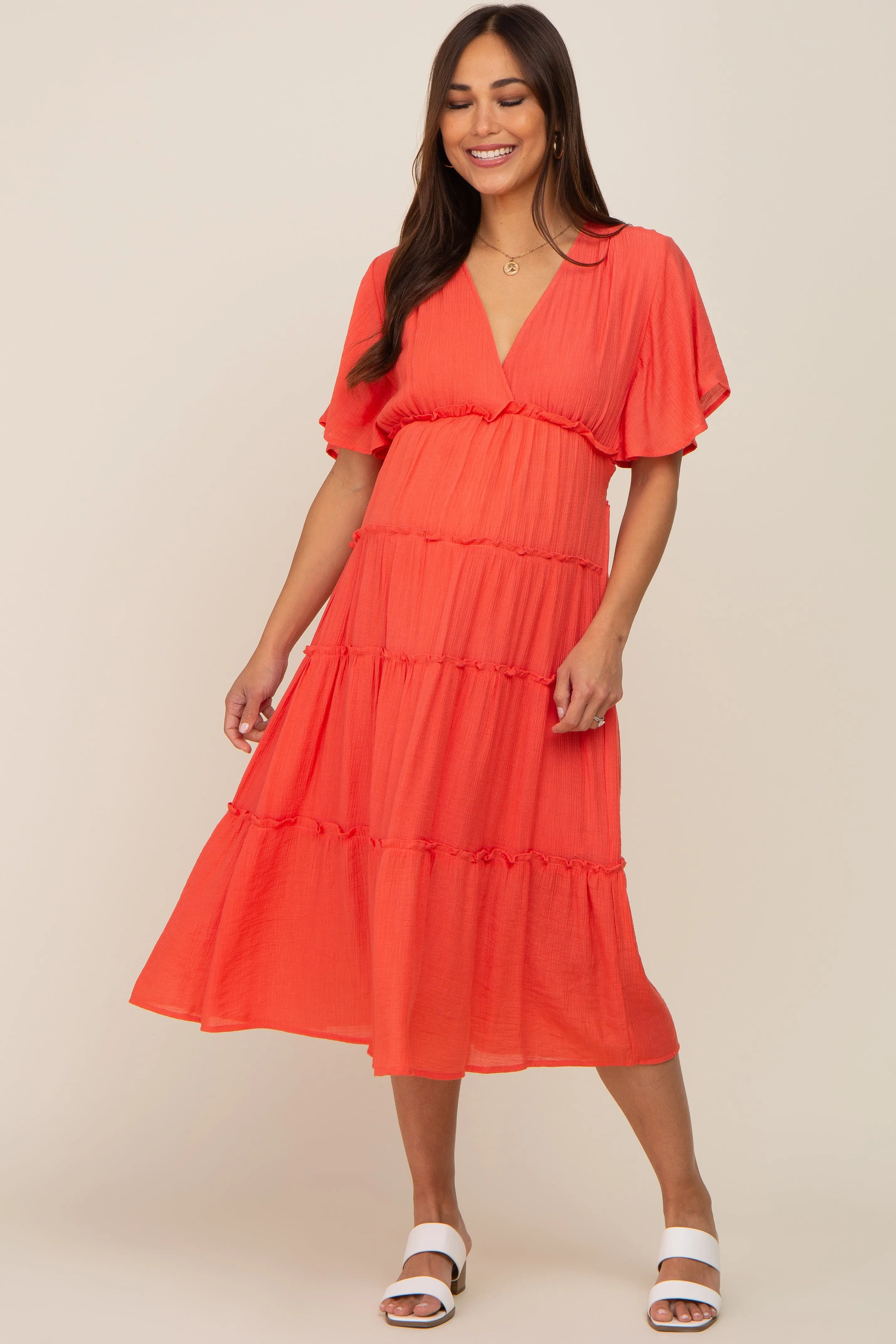 Coral Ruffle Tiered V-Neck Maternity Midi Dress sold by Pinkblush product image thumbnail 4