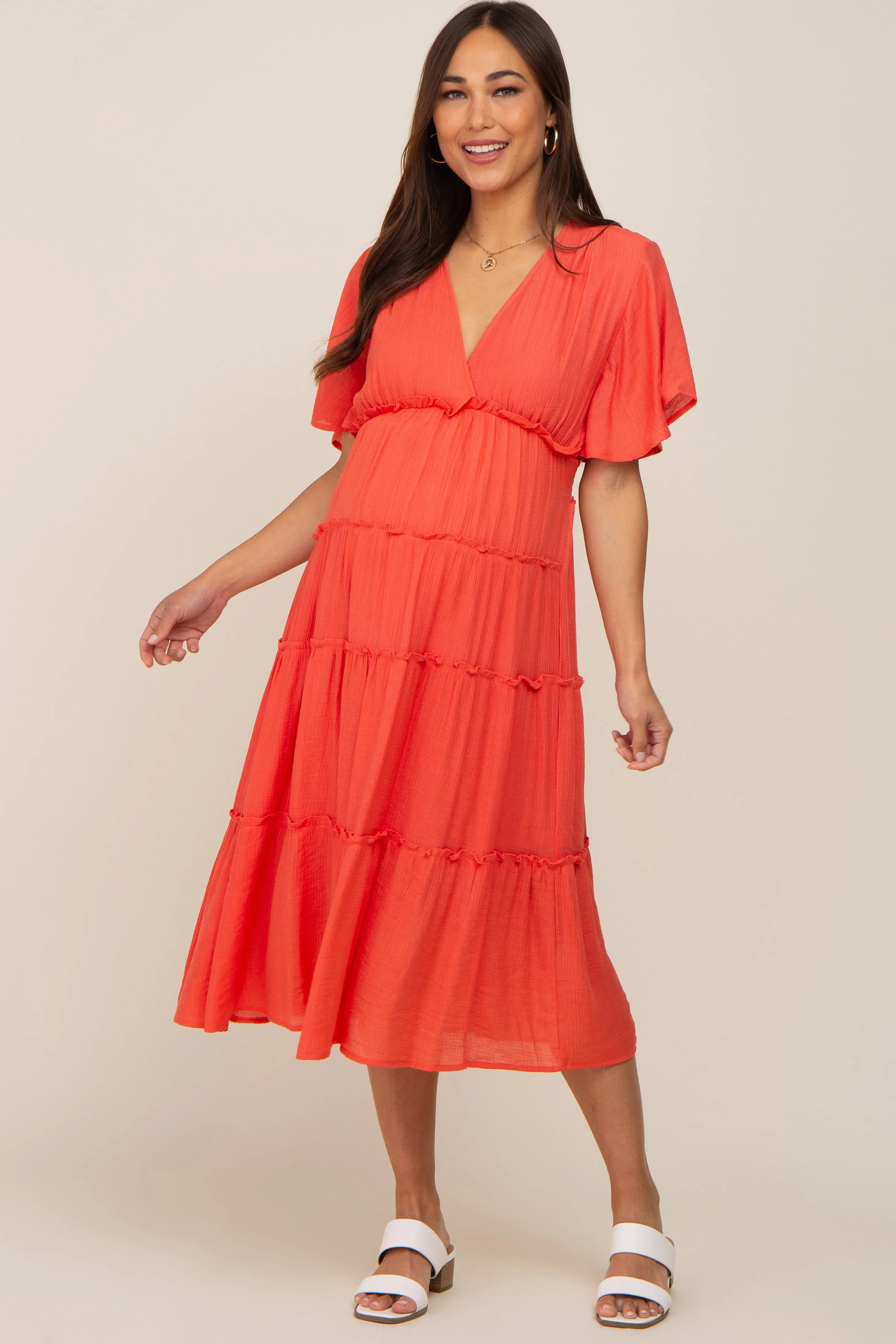 Coral Ruffle Tiered V-Neck Maternity Midi Dress sold by Pinkblush