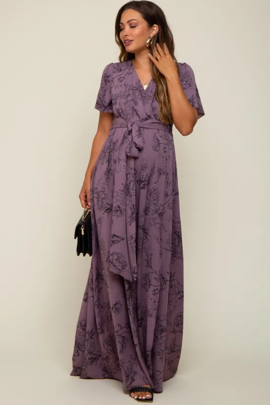 Purple Floral Wrap Front V-Neck Flutter Short Sleeve Maternity Maxi Dress sold by Pinkblush