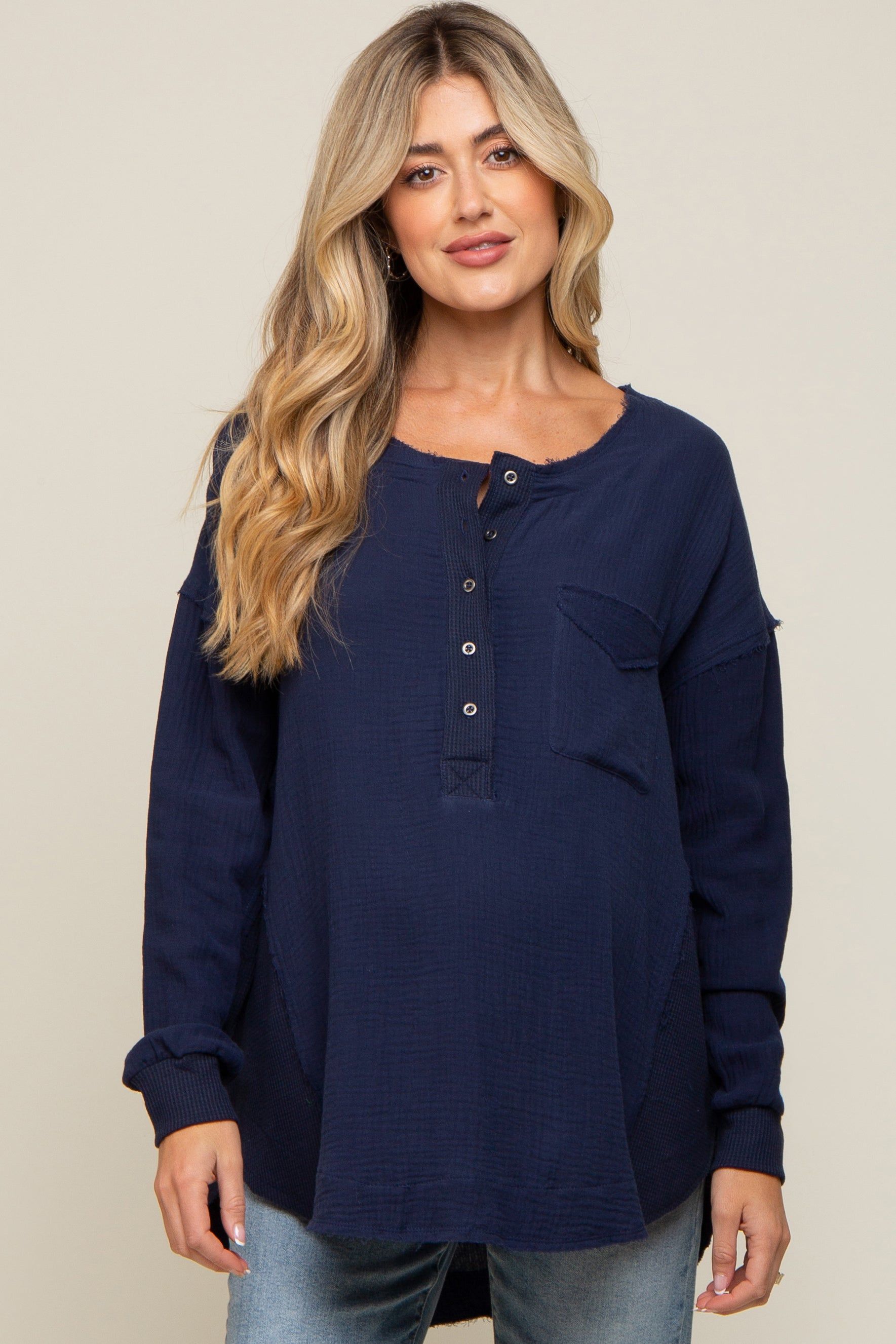 Navy Lightweight Button Front Maternity Tunic sold by Pinkblush