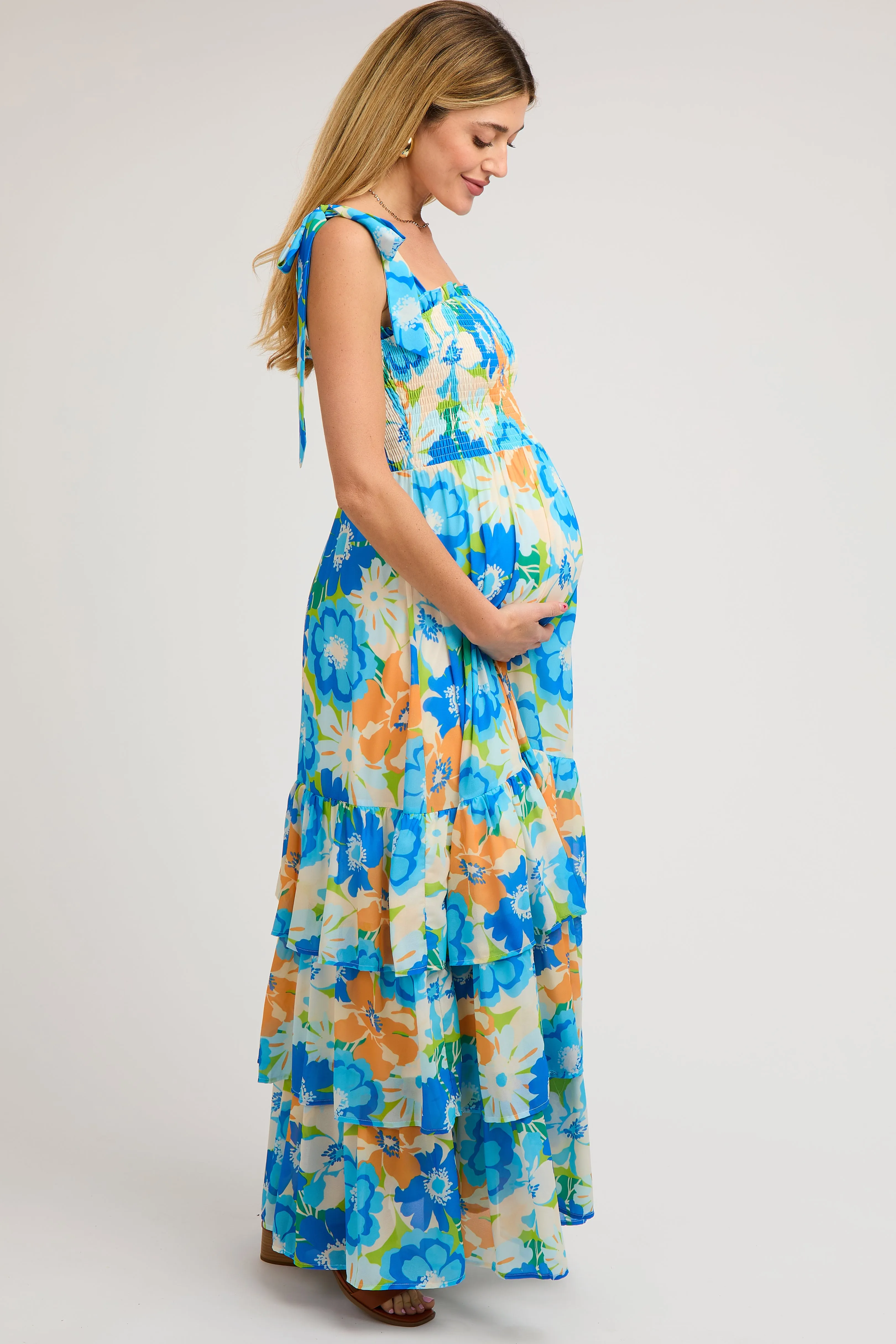 Blue Floral Smocked Shoulder Strap Maternity Maxi Dress sold by Pinkblush product image thumbnail 3