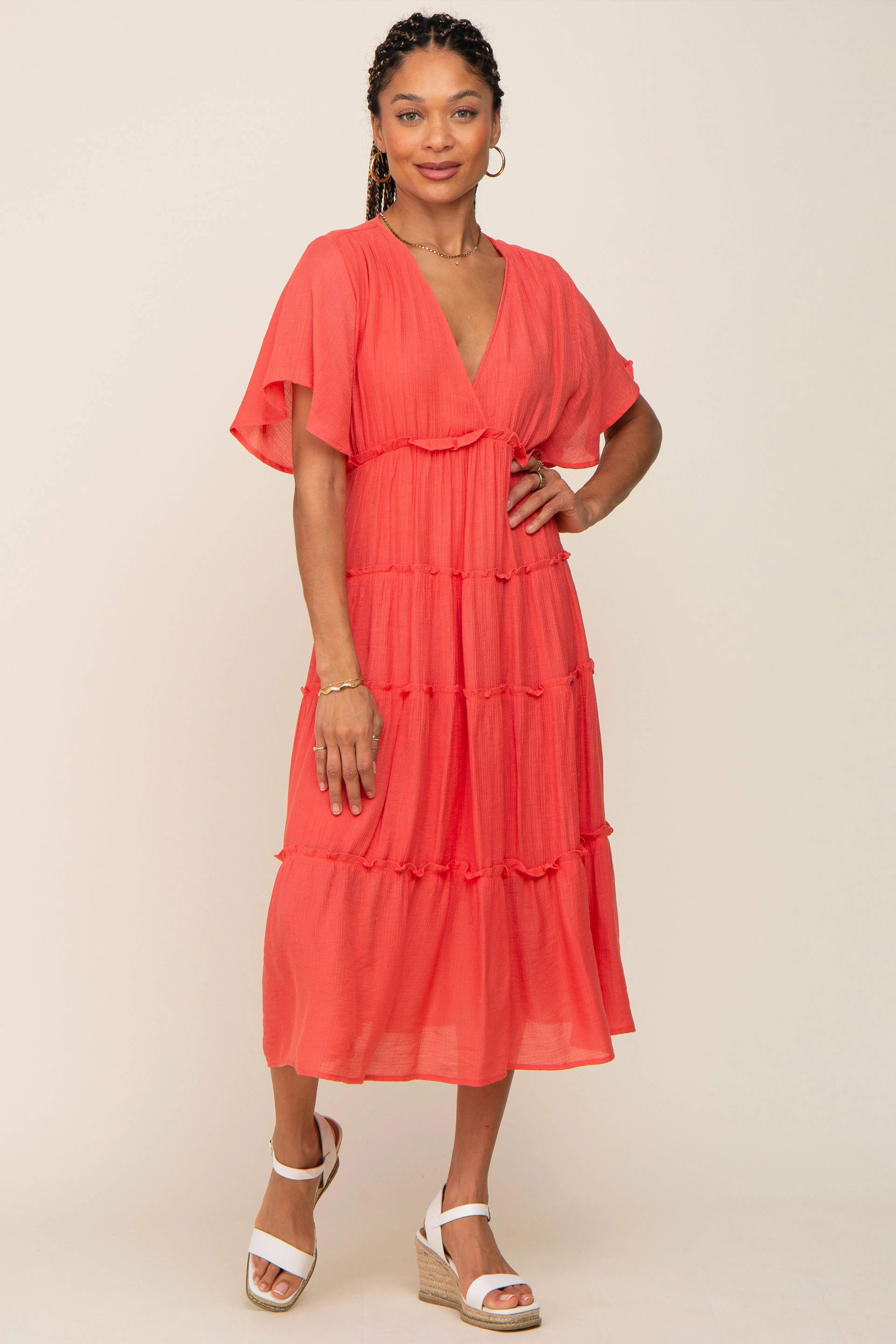 Coral Ruffle Tiered V-Neck Maternity Midi Dress sold by Pinkblush product image thumbnail 5