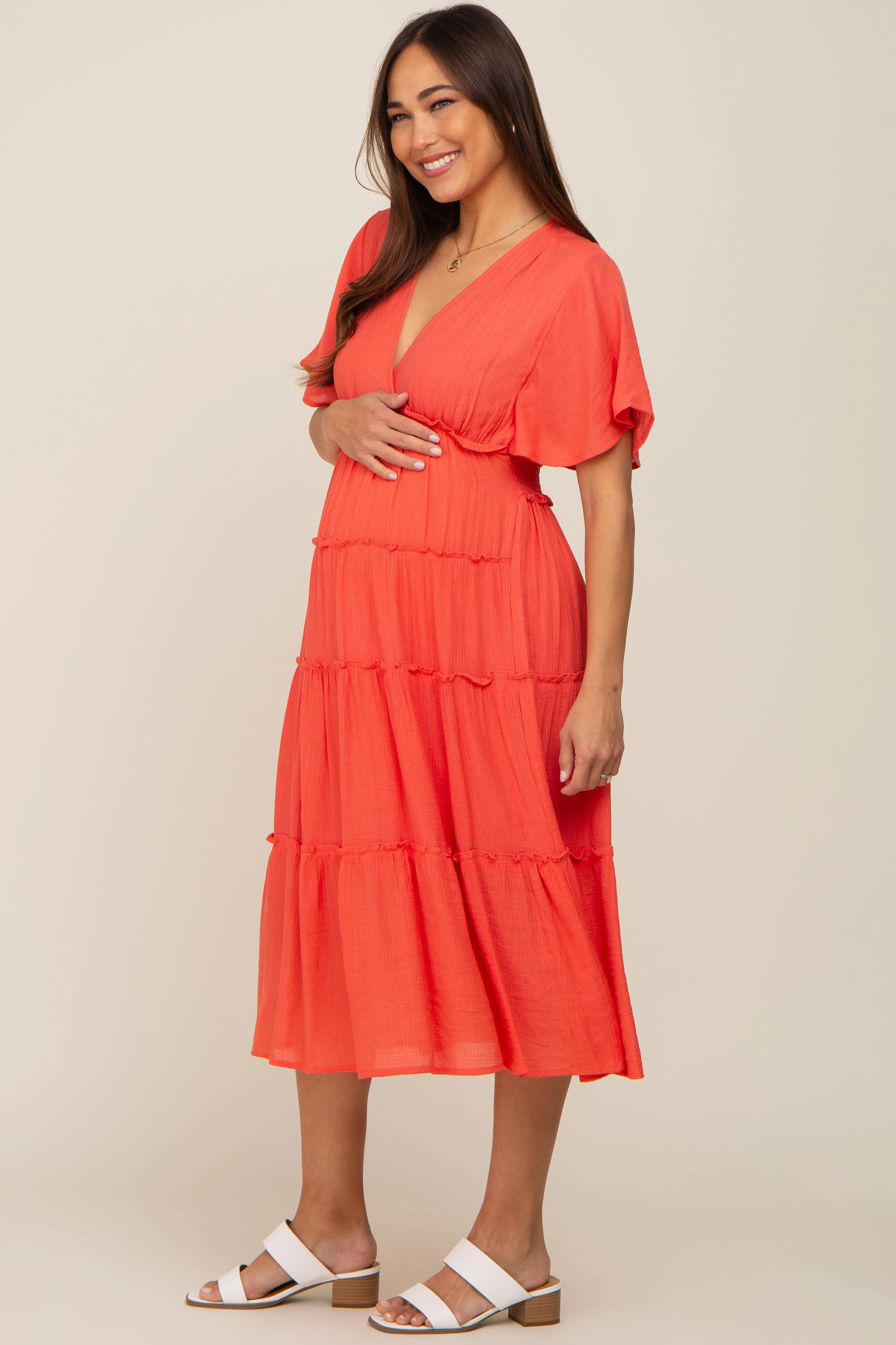 Coral Ruffle Tiered V-Neck Maternity Midi Dress sold by Pinkblush product image thumbnail 2